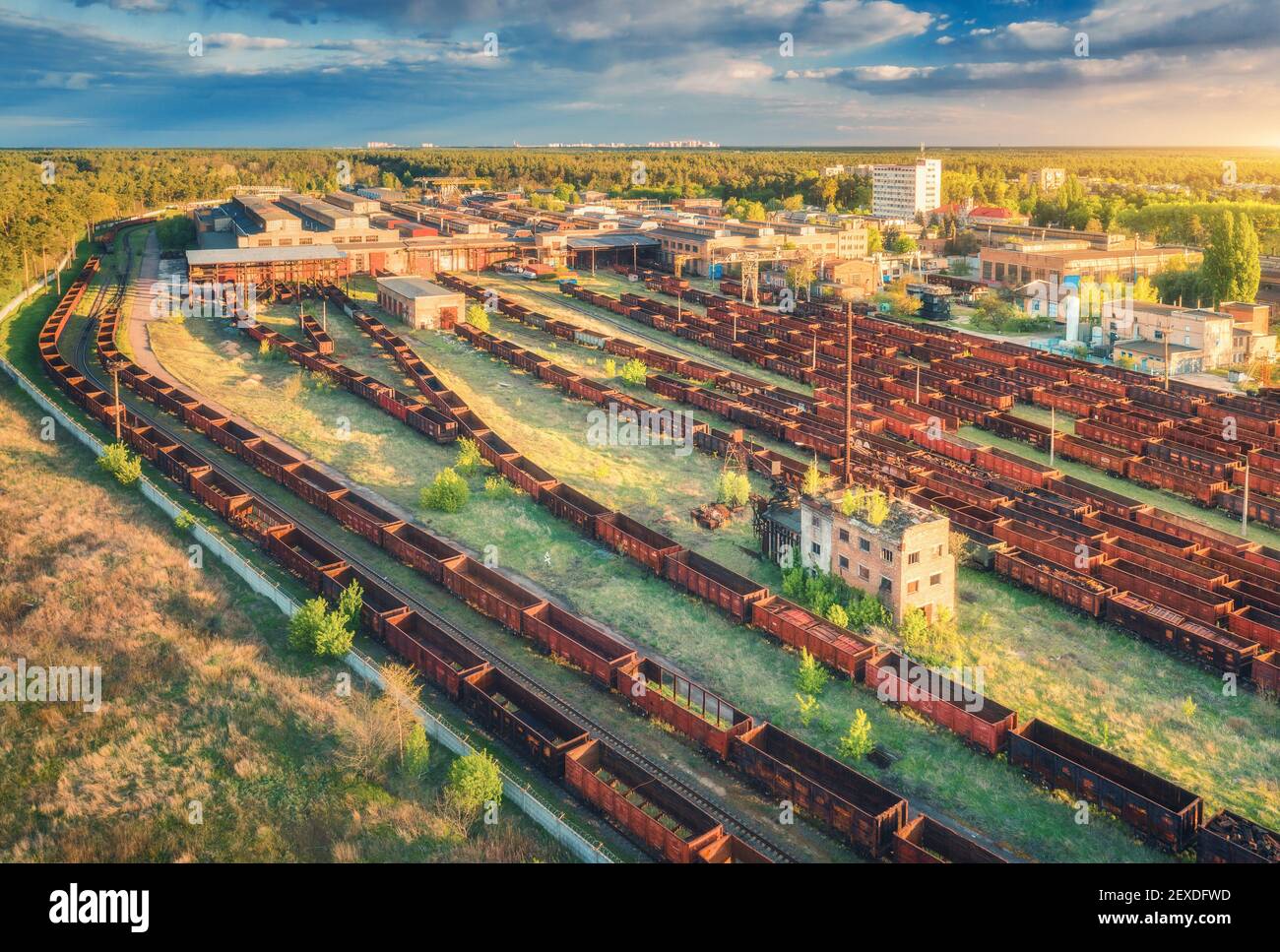 Luftaufnahme der bunten Güterzüge. Bahnhof Stockfoto