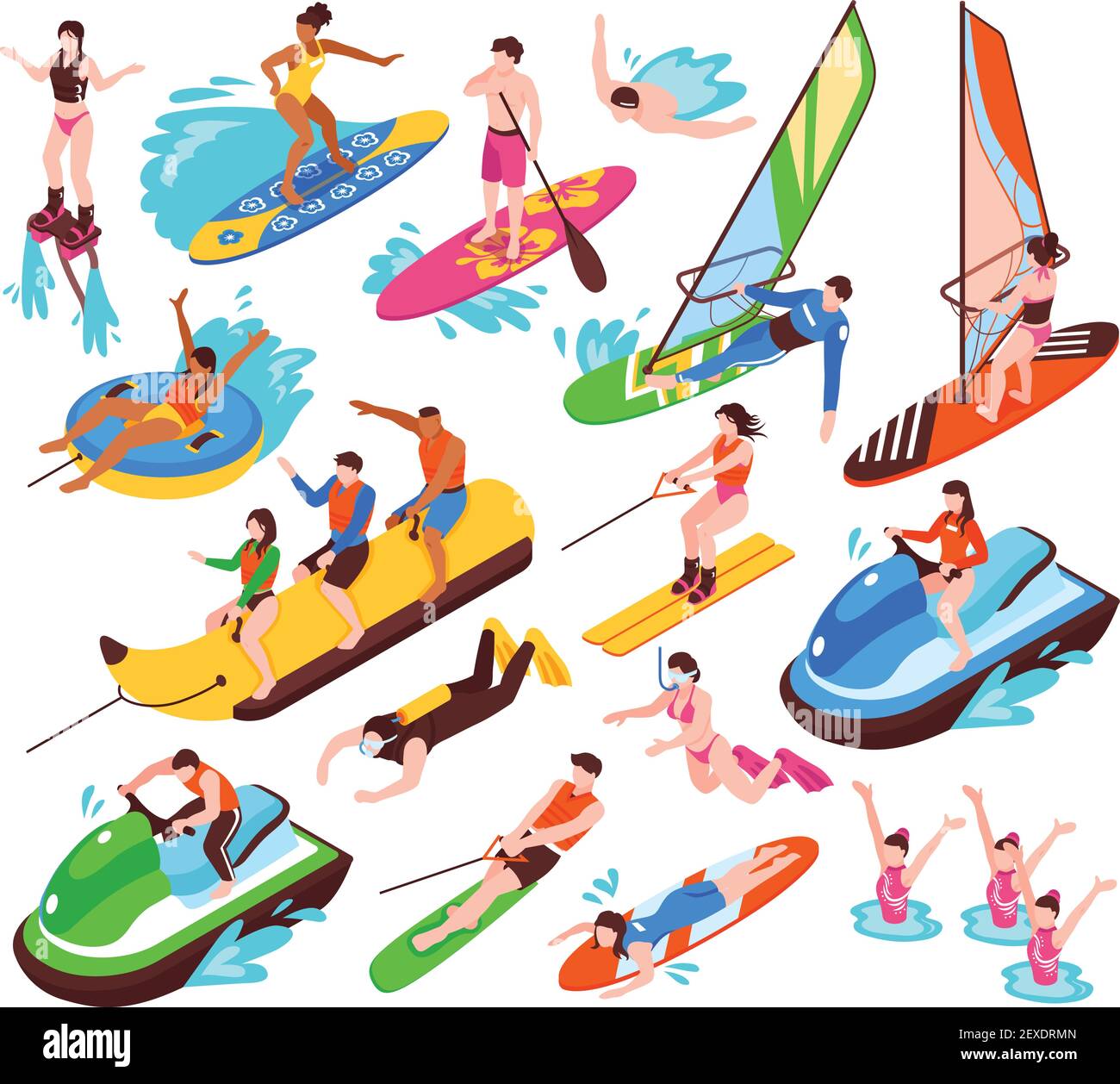 Isometrische Set von Sommer Wasser aktive Erholung so wie Banane Boot Surfen Windsurfen Jet Ski Flyboarding isolierte Vektor-Illustration Stock Vektor