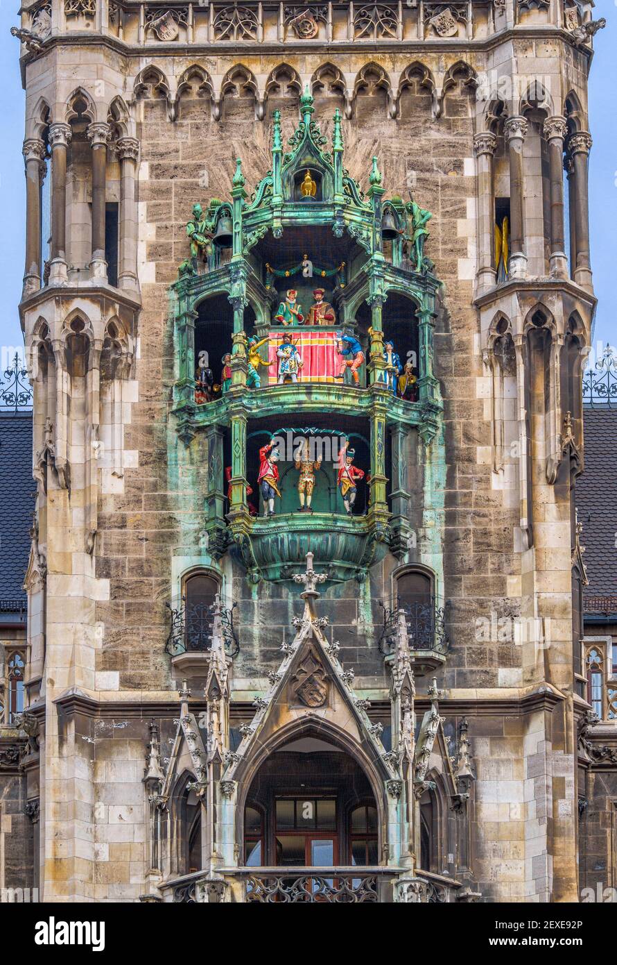 Glockenspiel in der New Town Hall, München, Bayern, Deutschland, Europa Stockfoto