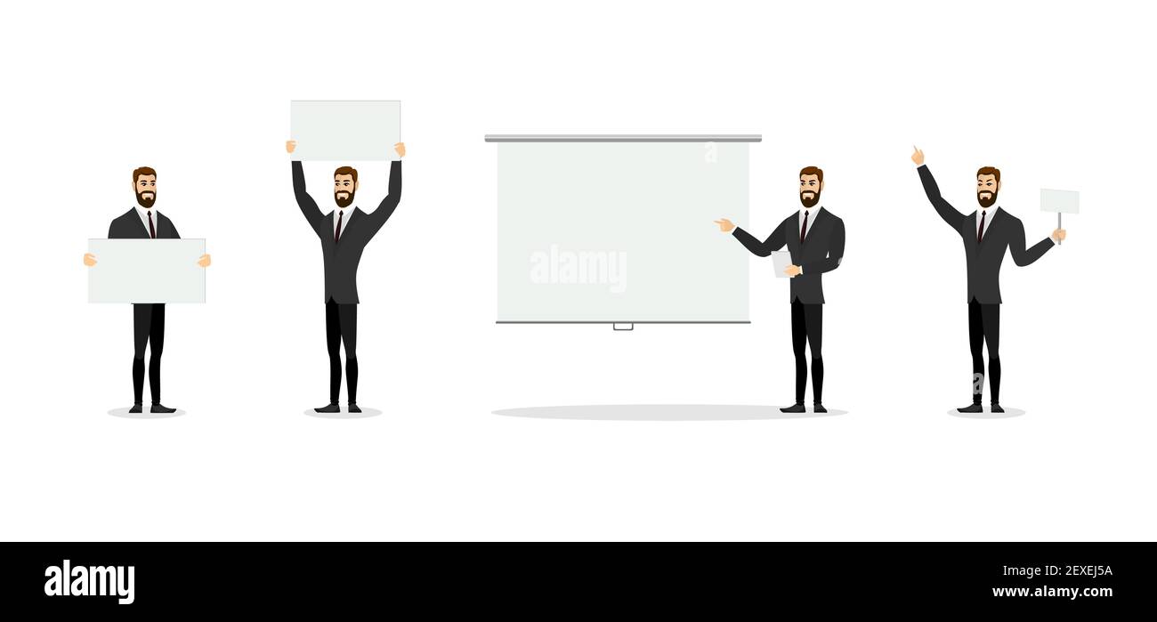 Geschäftsmann im Anzug mit weißem Bannerset. Bärtiger Geschäftsmann, der auf den Präsentationsbildschirm zeigt. Erfolgreicher männlicher Manager mit Postern und leerem Namensschild. Vektor-eps Stock Vektor