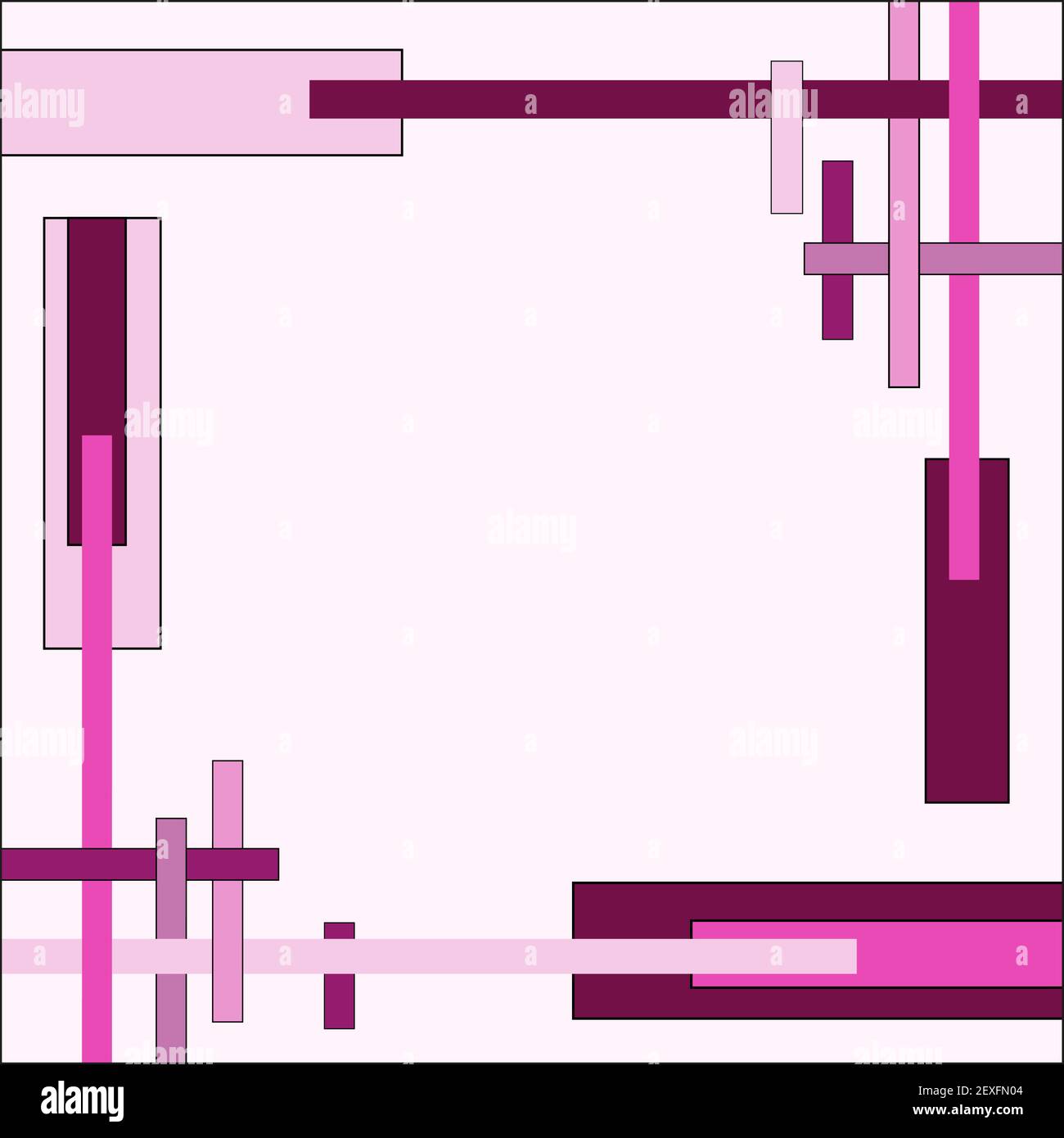 Rahmenzusammensetzung aus rosa Stäben, Streifen und Rechtecken. Geometrisches Muster, flacher Rand. Abstrakter Vektorhintergrund, Vorlage mit Kopierraum. EPS10 Stock Vektor