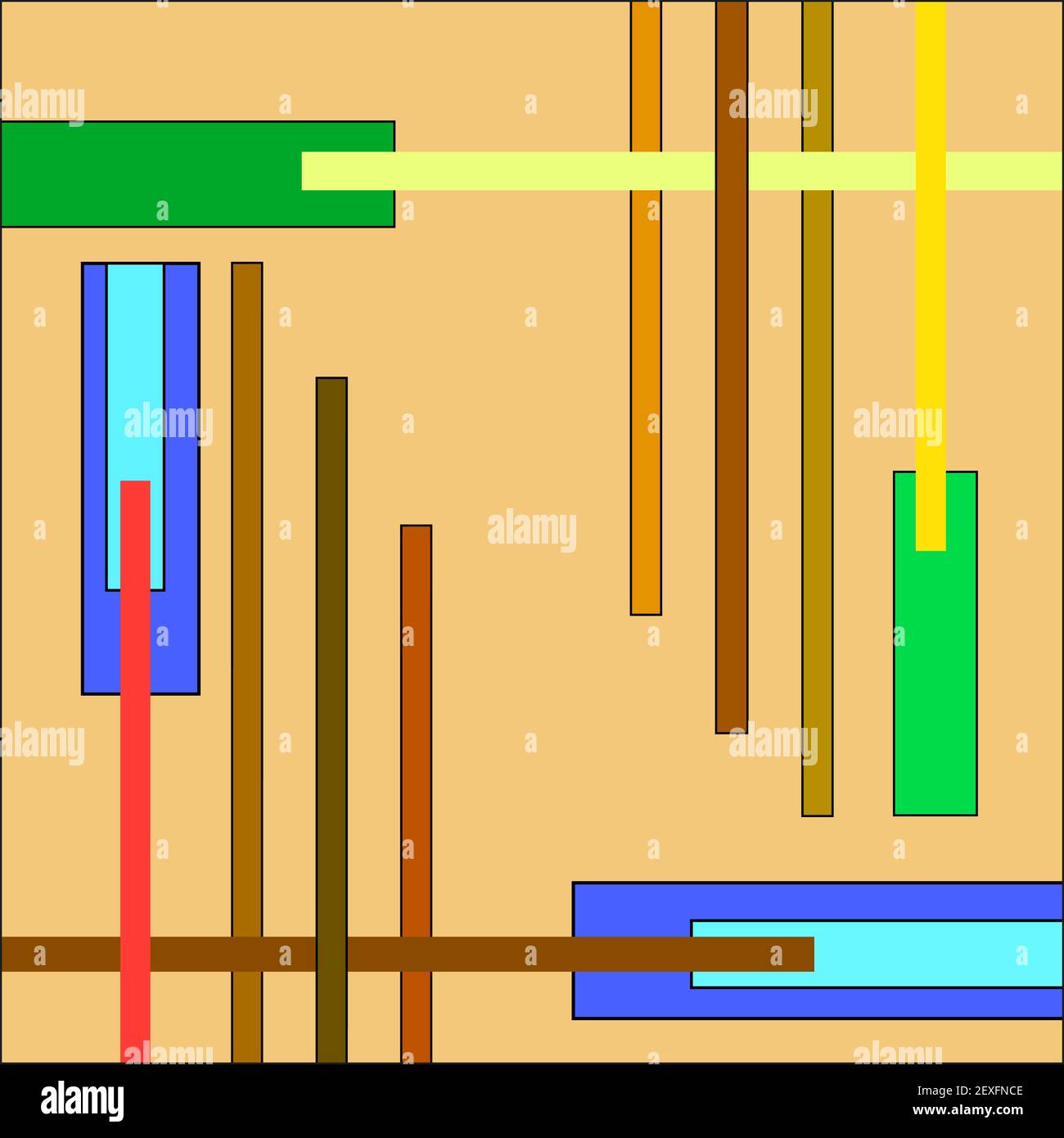 Abstrakte Komposition aus mehrfarbigen vertikalen und horizontalen Streifen, Rechtecken. Hellbrauner Hintergrund. Geometrisches symmetrisches Muster. Vektor EPS10 Stock Vektor