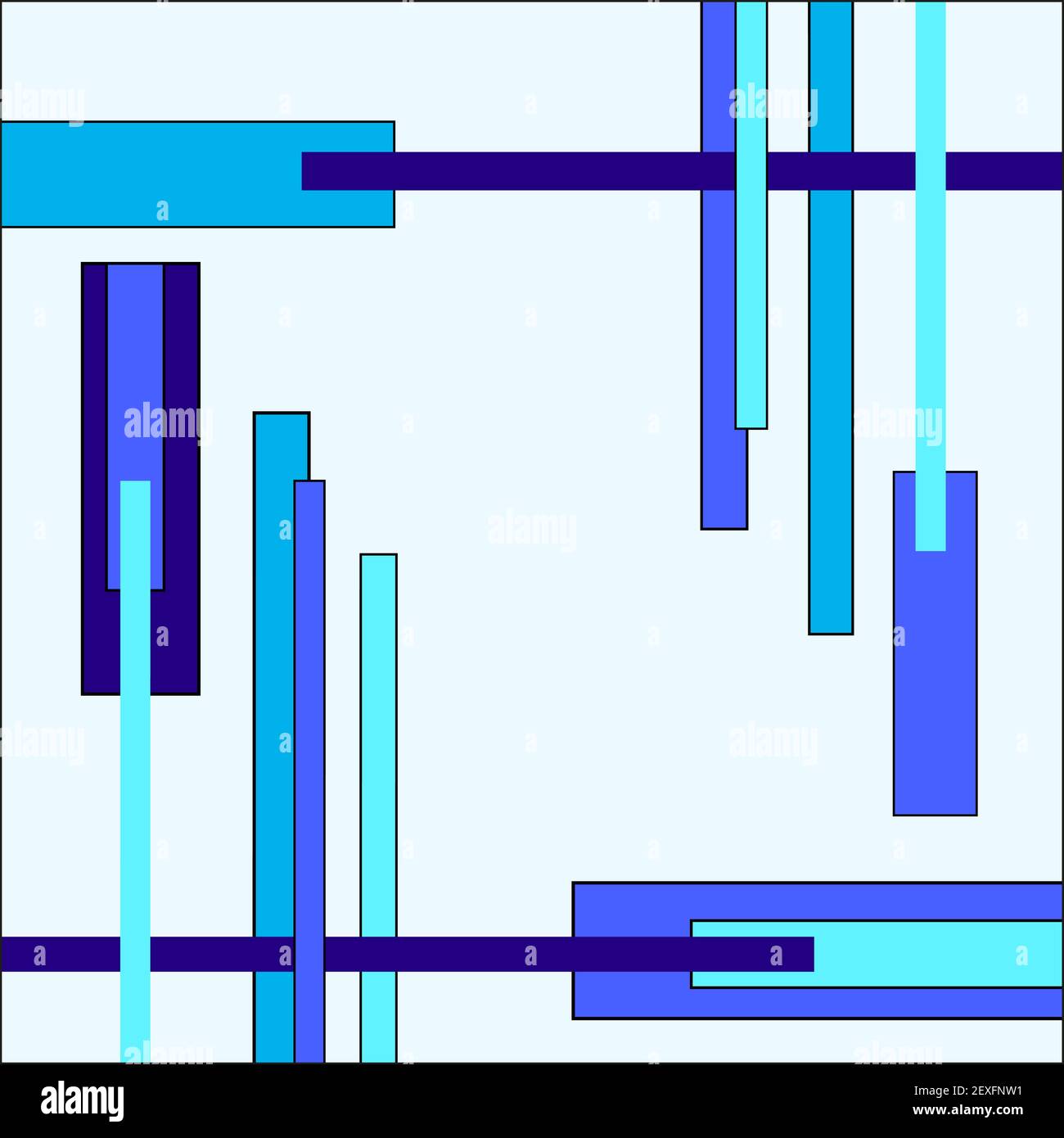 Blau gestreifter Hintergrund. Geometrische Komposition aus Stäben, Streifen und Rechtecken. Flaches Grafikmuster, Kopierbereich. Abstrakte Vektorvorlage. EPS10 Stock Vektor