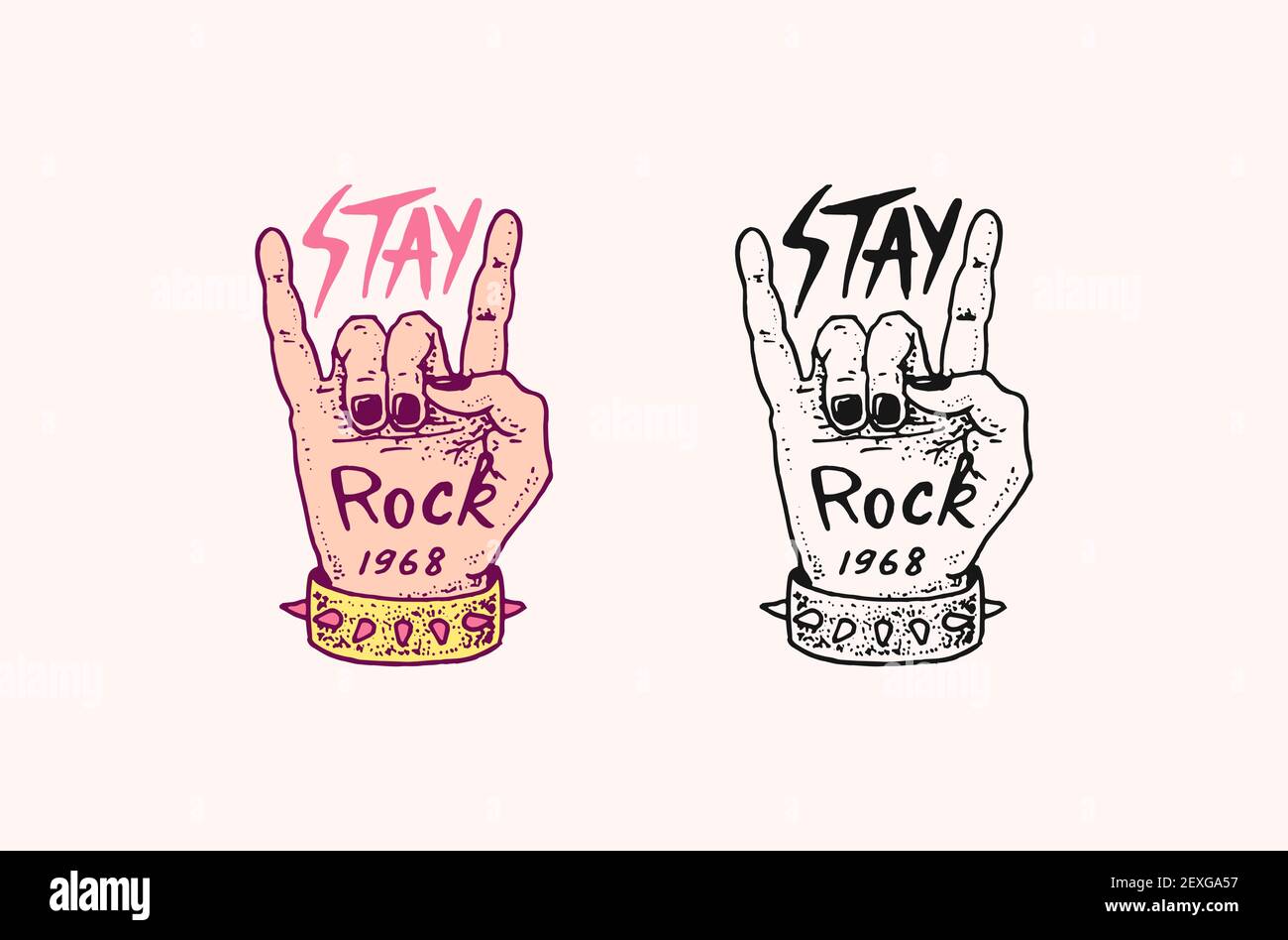 Hand mit einem Armband Abzeichen. Zeichen der Hörner. Rock and Roll-Musiklogo. Heavy Metal Schablone für Design T-Shirt, Nachtparty und Festival Stock Vektor