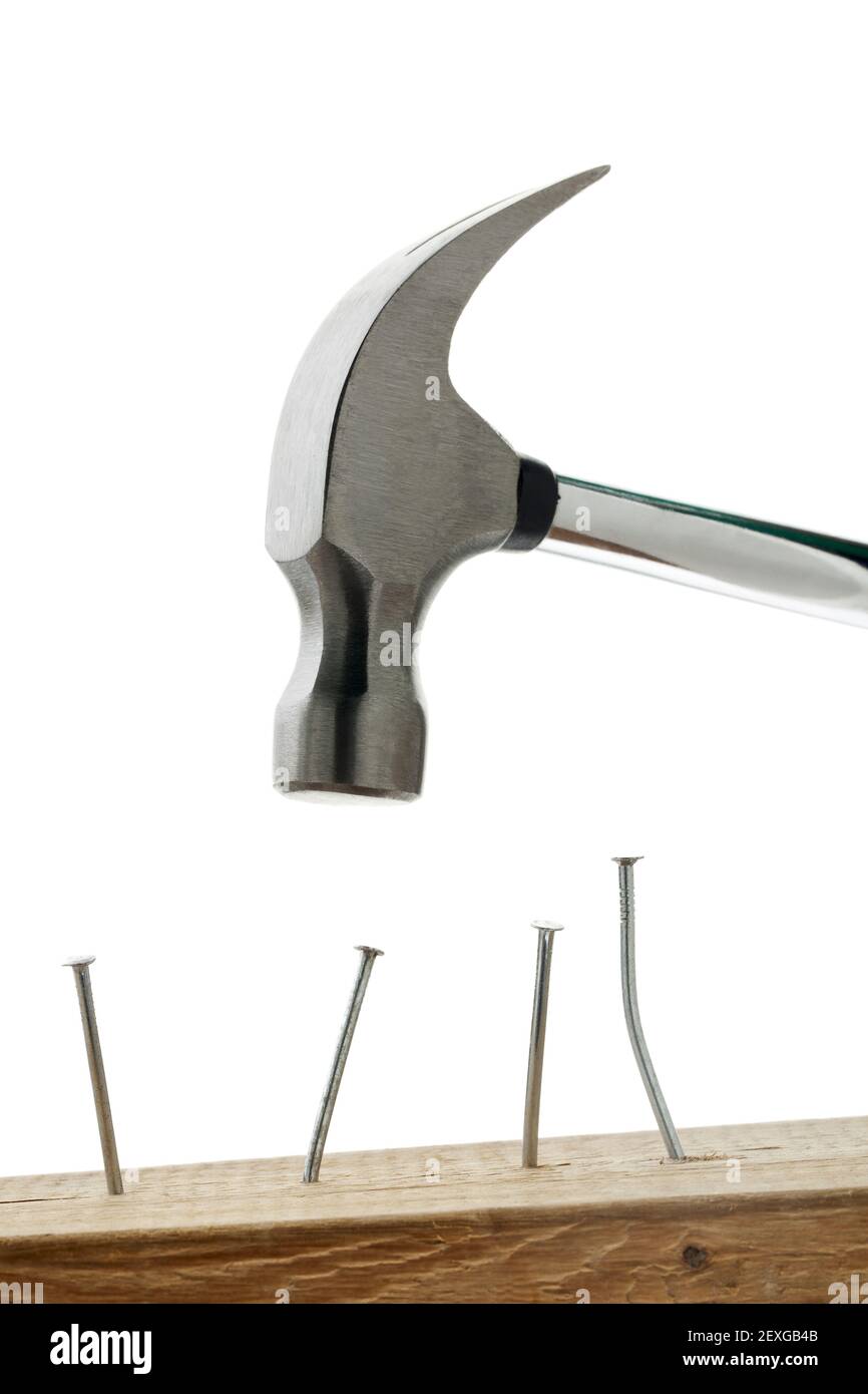 Hammer und Nägel auf weiß Stockfoto