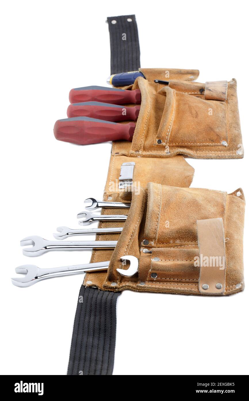 Werkzeuggürtel mit Arbeitswerkzeugen Stockfoto