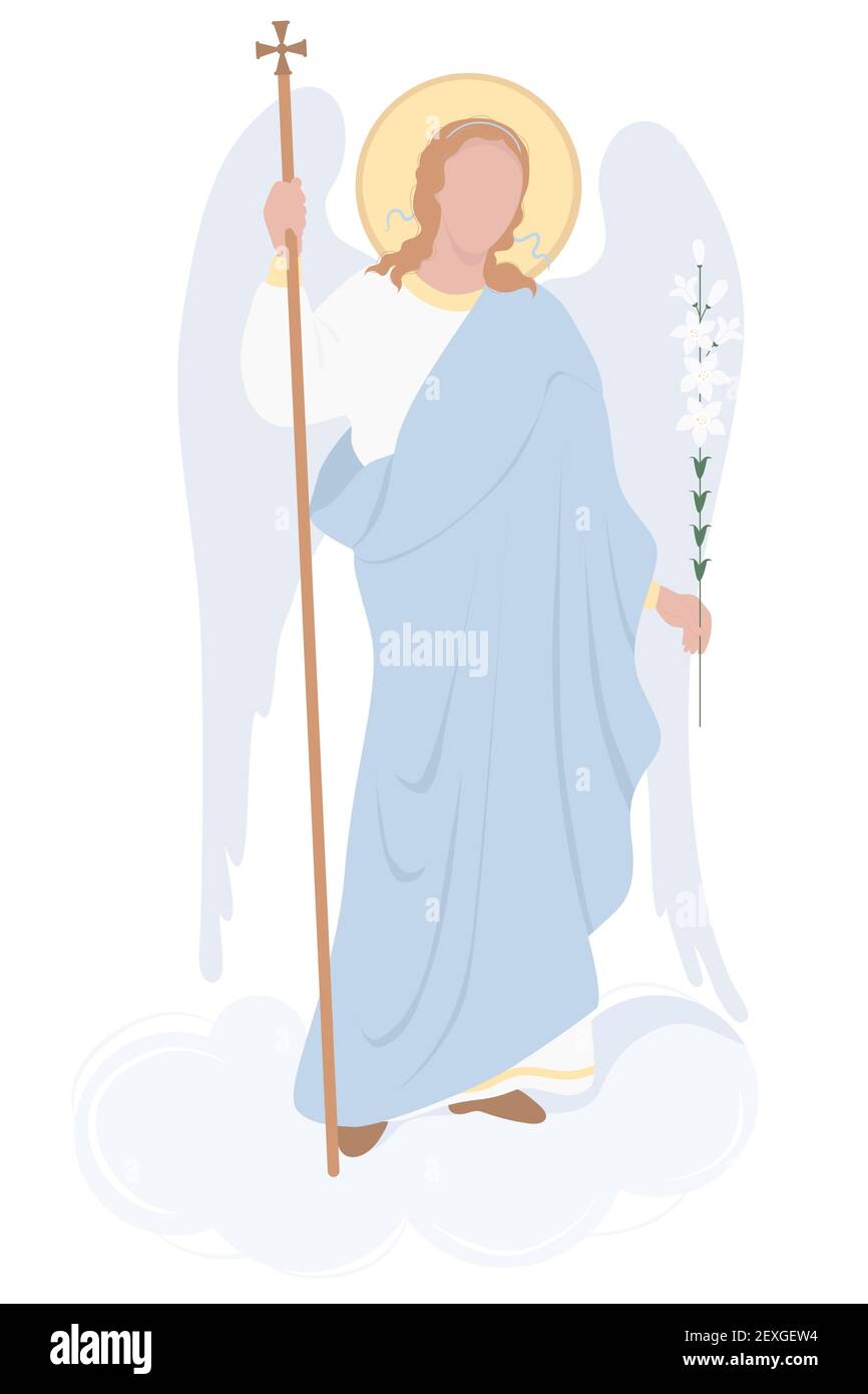 Himmlischer Bote - Erzengel Gabriel auf einer Wolke mit einer weißen Lilie. Vektor. Religion - Katholizismus und Orthodoxie . Engel der Offenbarung, Heiliger Stock Vektor