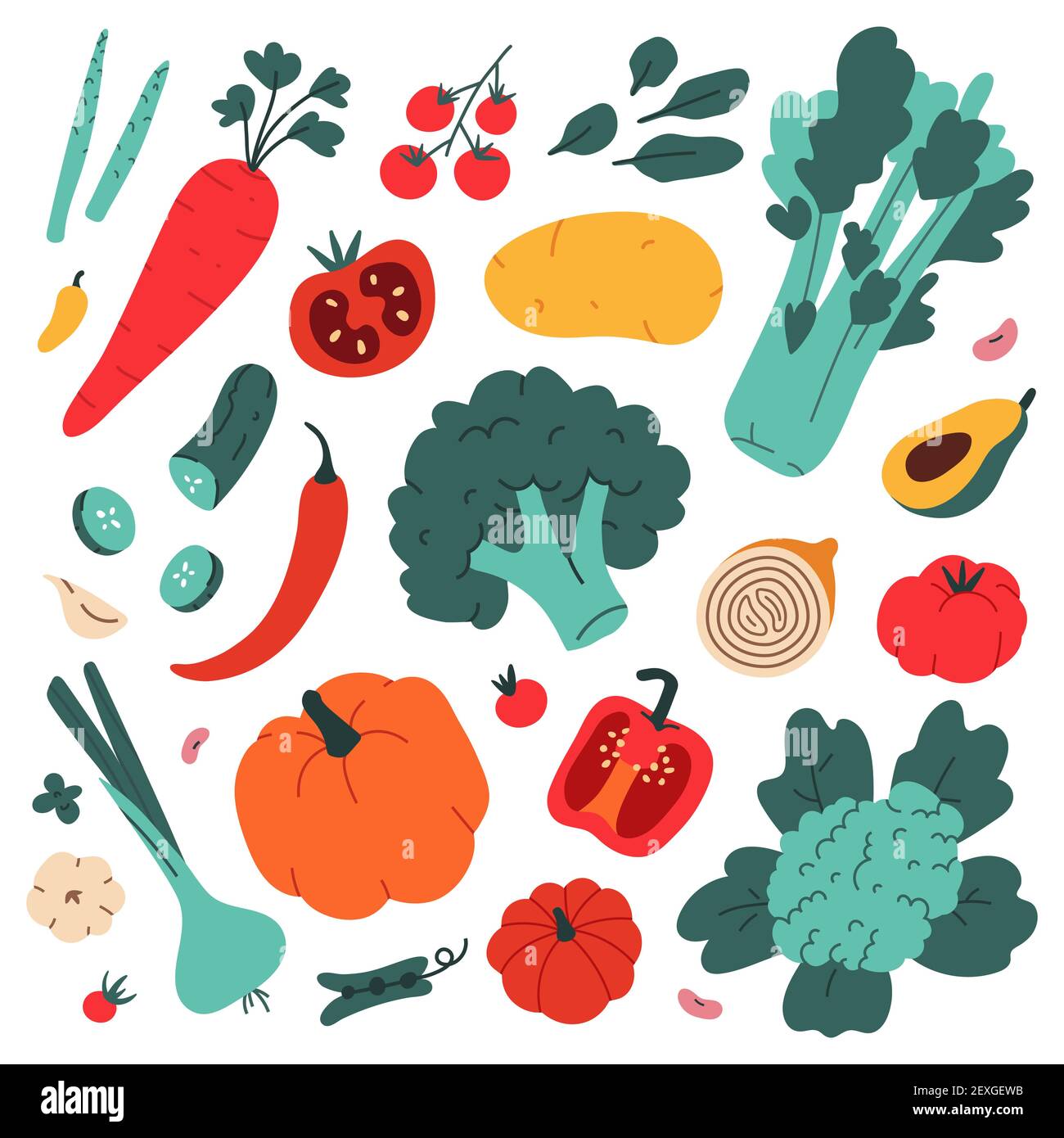 Gemüse Sammlung, Lebensmittel Zutaten, einfache moderne Kunst, Brokkoli, Avocado und Sellerie, Gesunde Ernährung, landwirtschaftliche Früchte, Sammlung von Cliparts Stock Vektor
