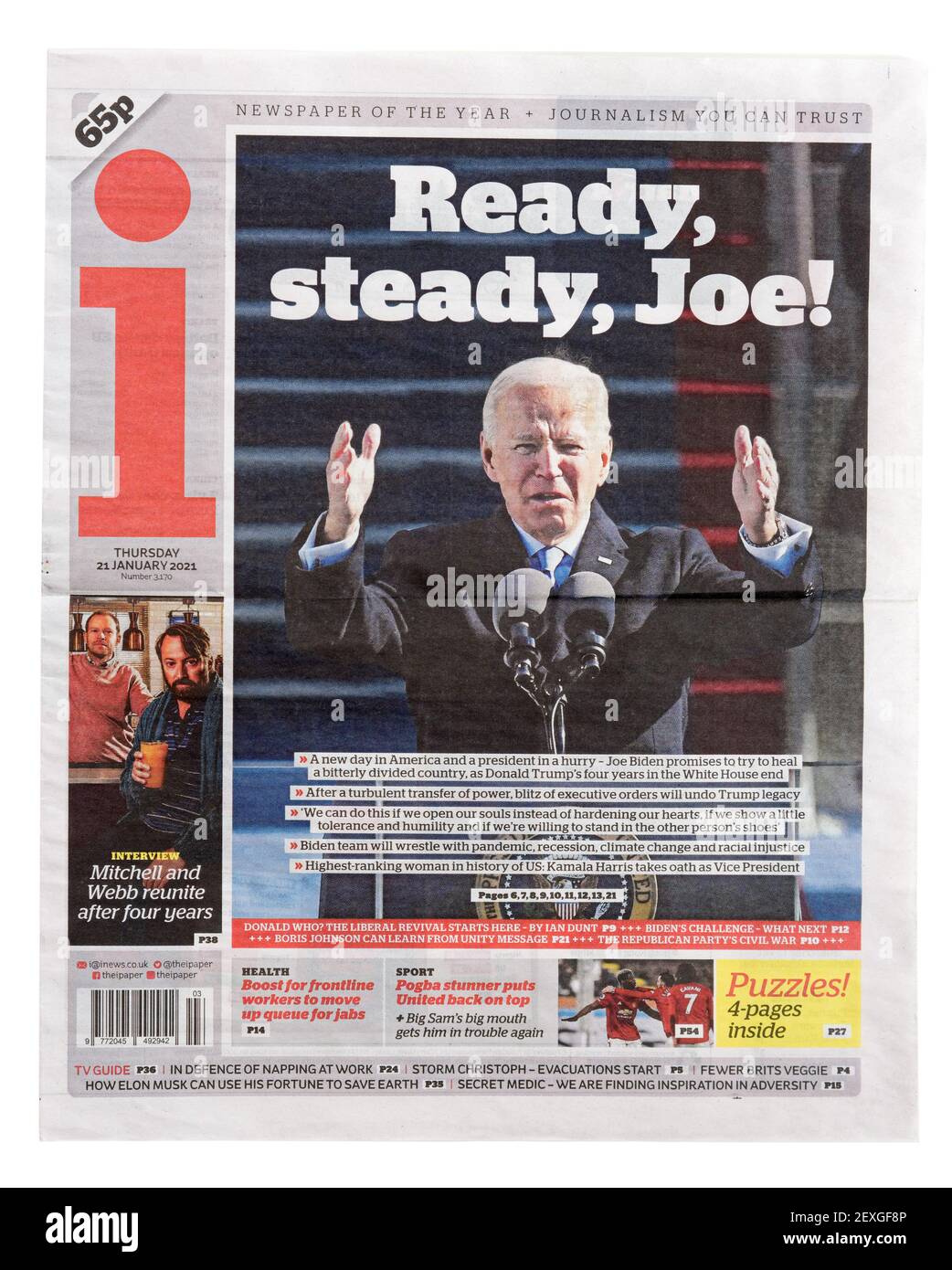 Die Titelseite der i Zeitung über Joe Bidens Einweihungsrede mit der Überschrift Ready Steady Joe. Stockfoto