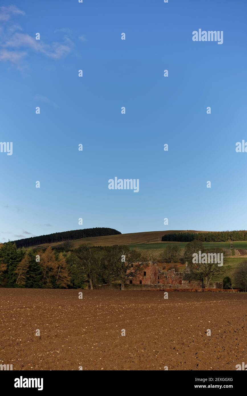 Die roten Sandsteinruinen der Burg Edzell am Fuße des Angus Glens und umgeben von Ackerland und Ackerflächen eines frühen Morgens. Stockfoto