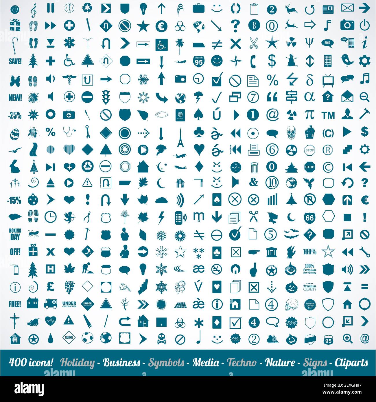 400 verschiedene Symbole Symbole und Designelemente Stockfoto