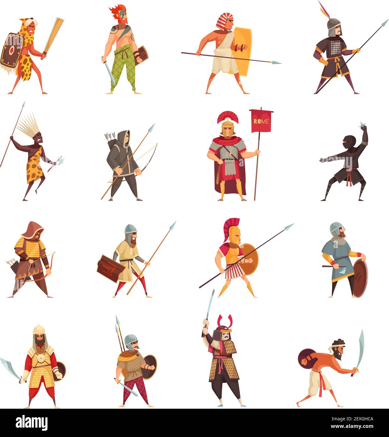 Antike Krieger Ikonen mit Waffen und Ausrüstung flach isoliert gesetzt vektorgrafik Stock Vektor