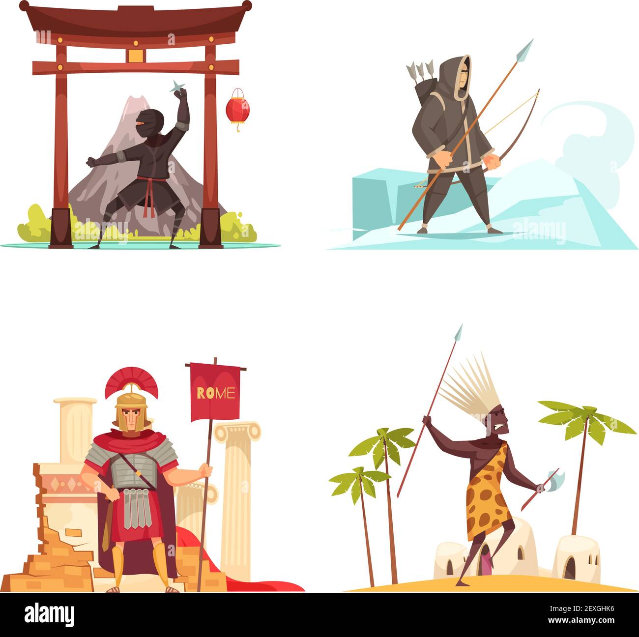Antike Krieger Konzept-Symbole mit nationalen Waffen flachen Vektor gesetzt Abbildung Stock Vektor