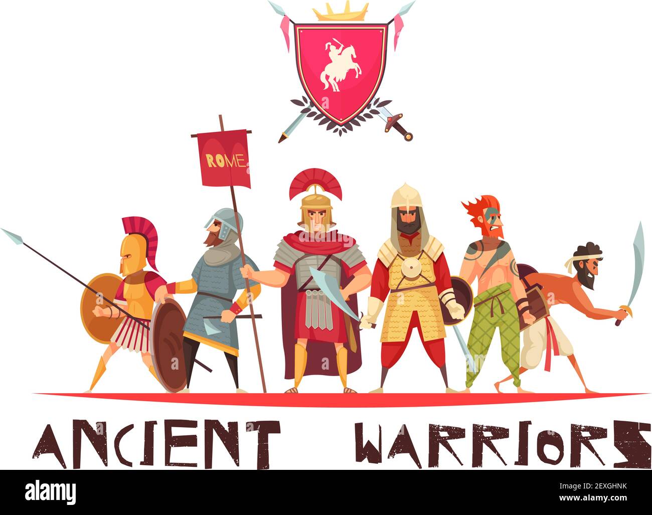 Antike Krieger Konzept mit Waffen und Flaggen flache Vektor-Illustration Stock Vektor