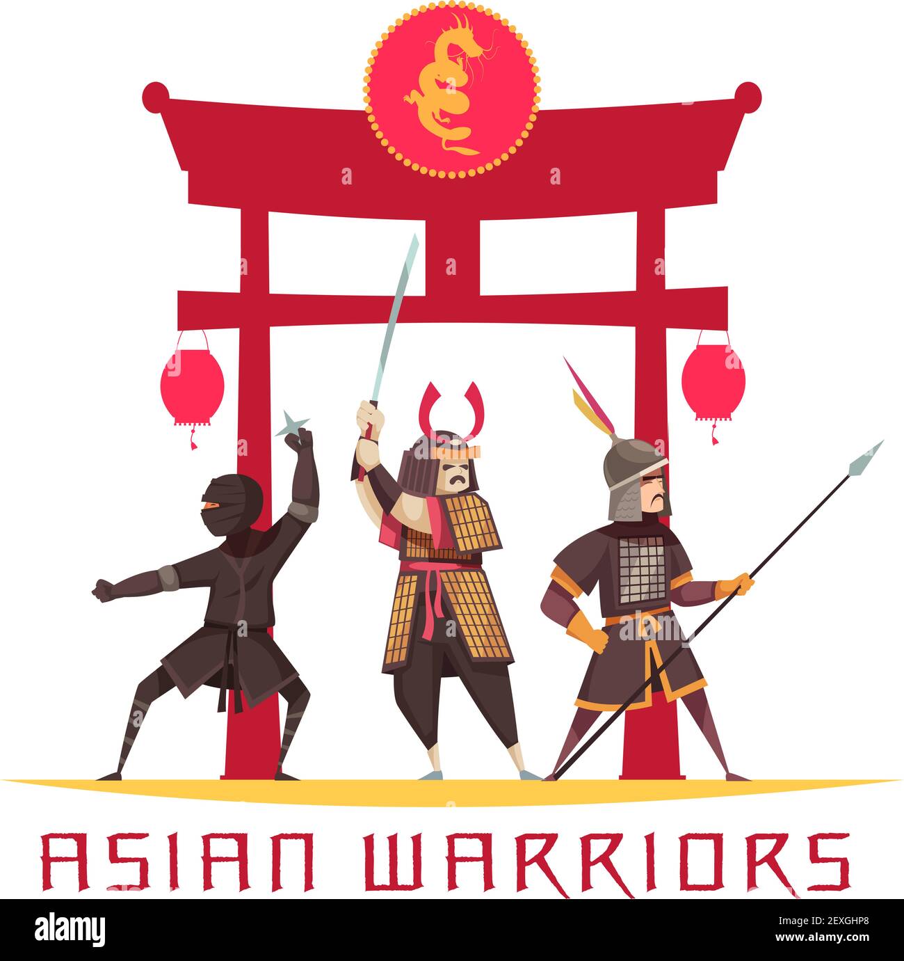 Asiatische antike Krieger Konzept mit Waffen und einheitliche flache Vektor Abbildung Stock Vektor