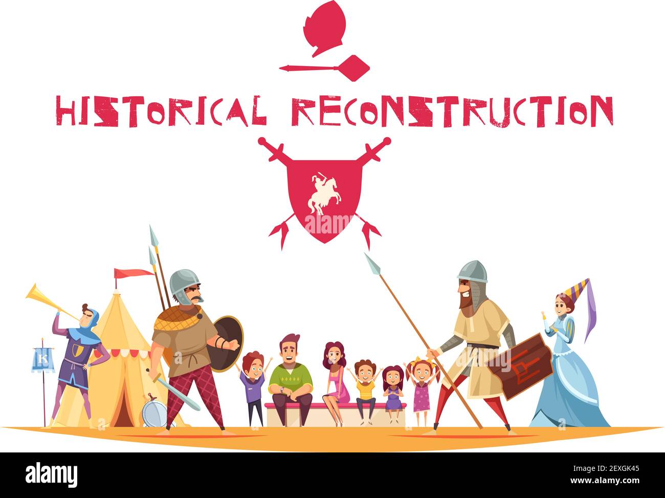 Historische Rekonstruktion Konzept mit alten Kriegern und Waffen flachen Vektor Abbildung Stock Vektor