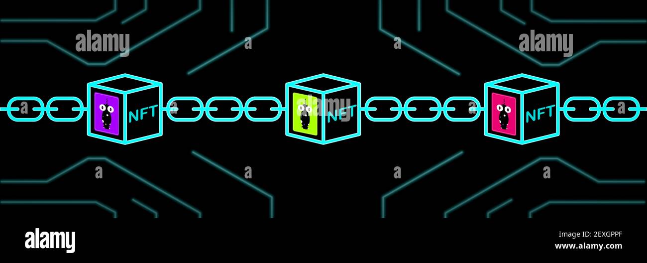 NFT nicht-fungible Token Art und Collectibles Illustration, verwenden Sie Blockchain-Technologie, um einzigartige digitale Objekte für Krypto-Kunst zu erstellen, Krypto-Sammler Stockfoto