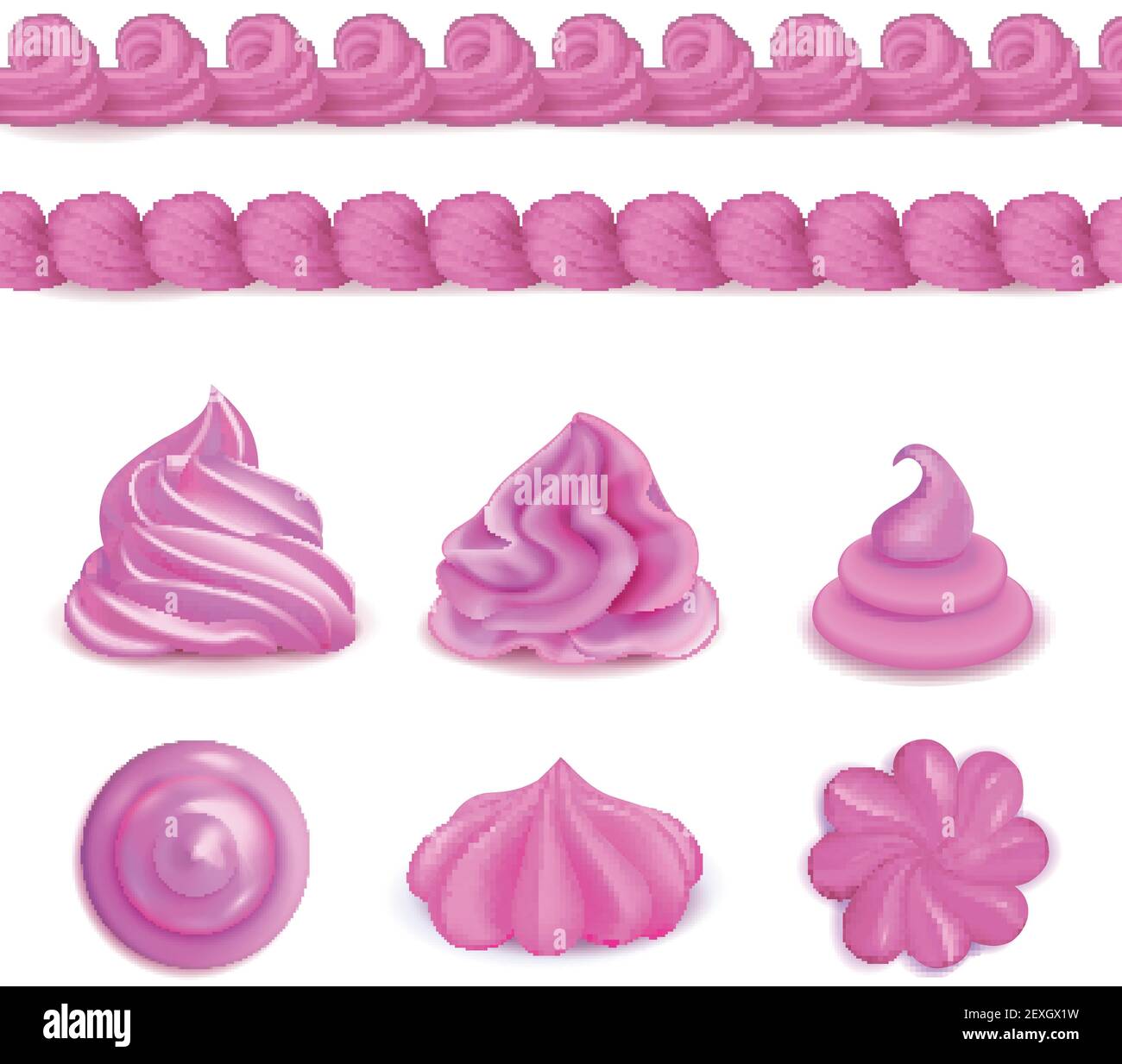 Schlagsahne rosa Creme Dessert Dekorationen oben Seitenansichten realistische set Mit nahtloser Border- und Drallvektordarstellung Stock Vektor
