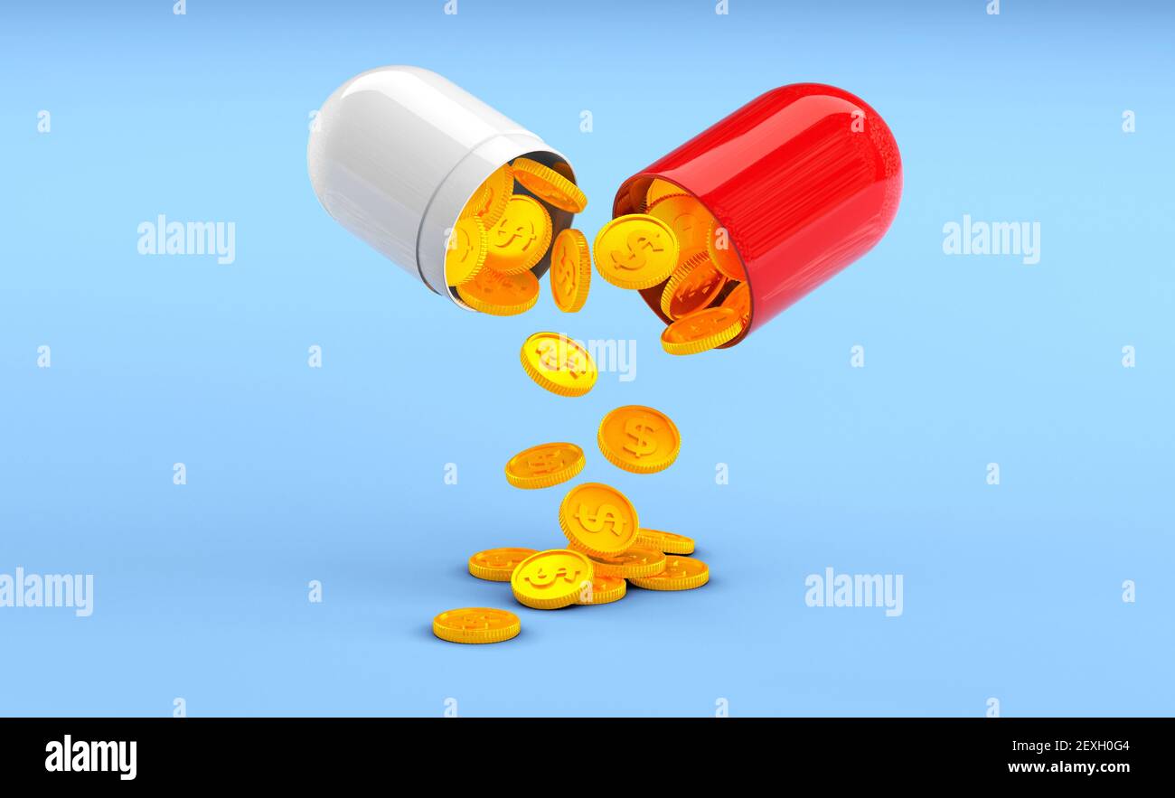 Die Kapsel Pille wird in der Hälfte geöffnet und Golddollar-Münzen werden auf einem blauen Hintergrund ausgegossen. Konzept der profitablen Medizin, teure Krankenversicherung und Behandlung. 3D Rendern. Stockfoto