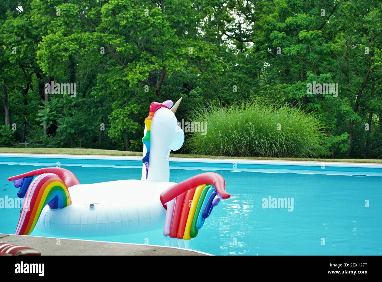 einhorn aufblasbar schwimmend in einem Hinterhof Schwimmbad Stockfoto