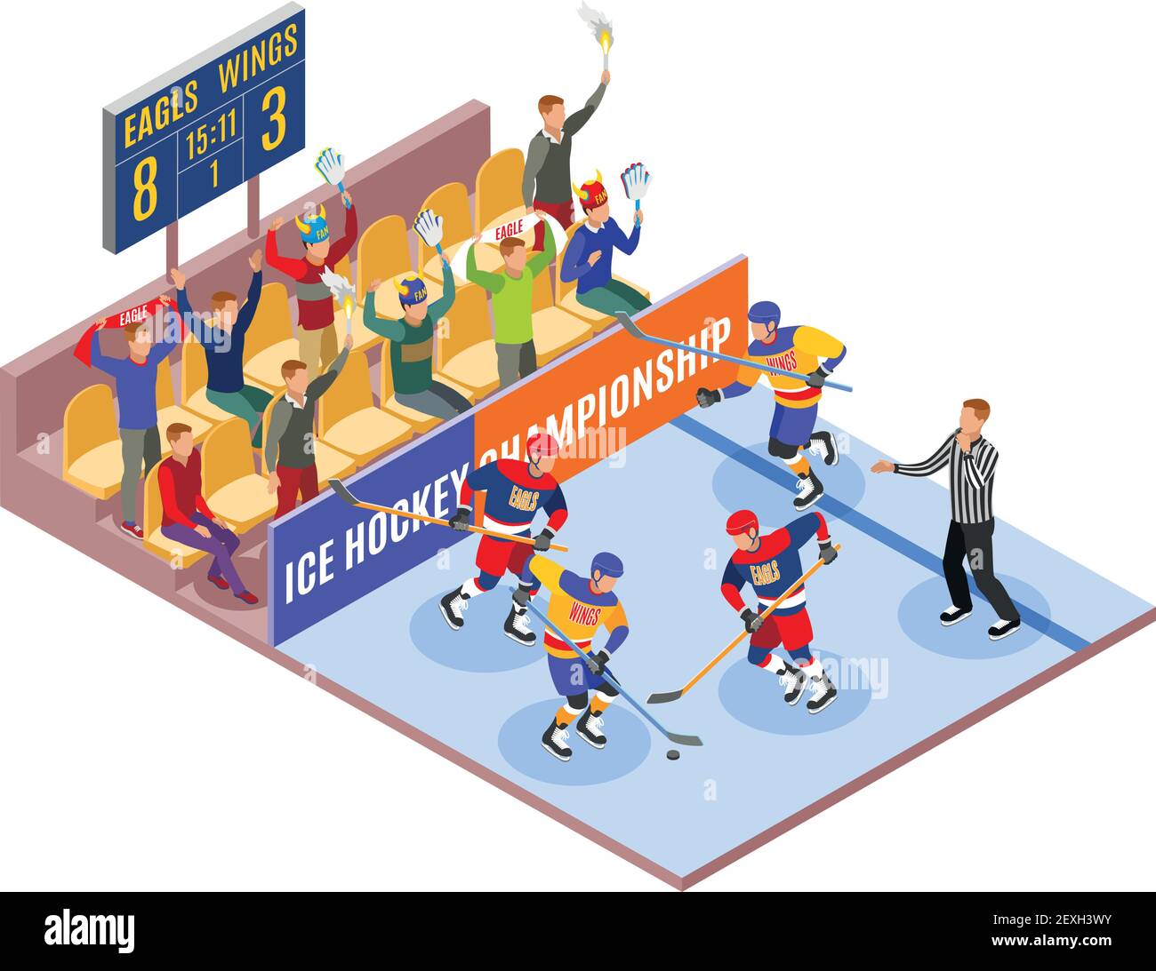Wintersport isometrische Zusammensetzung illustriert Eishockey-Meisterschaft mit Spielern Auf dem Feld und Zuschauer in Fanzone Vektor-Illustration Stock Vektor