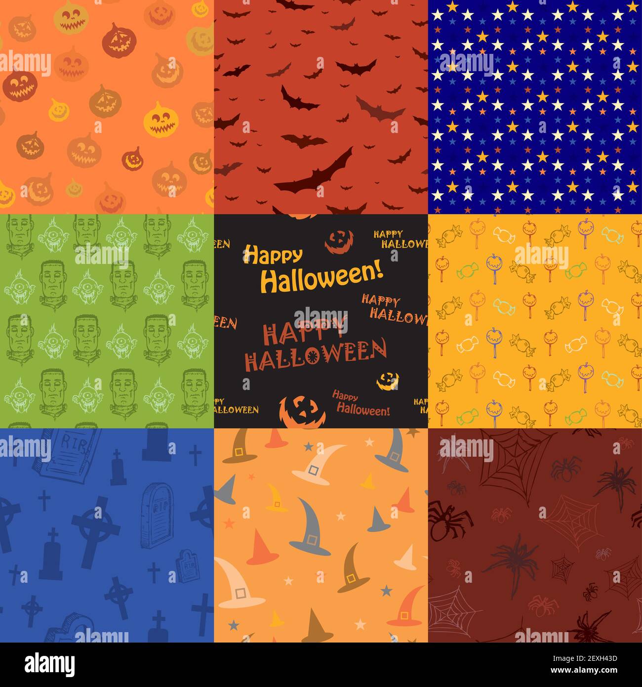 Neun Halloween Textur Muster Kollektion Set Stockfoto