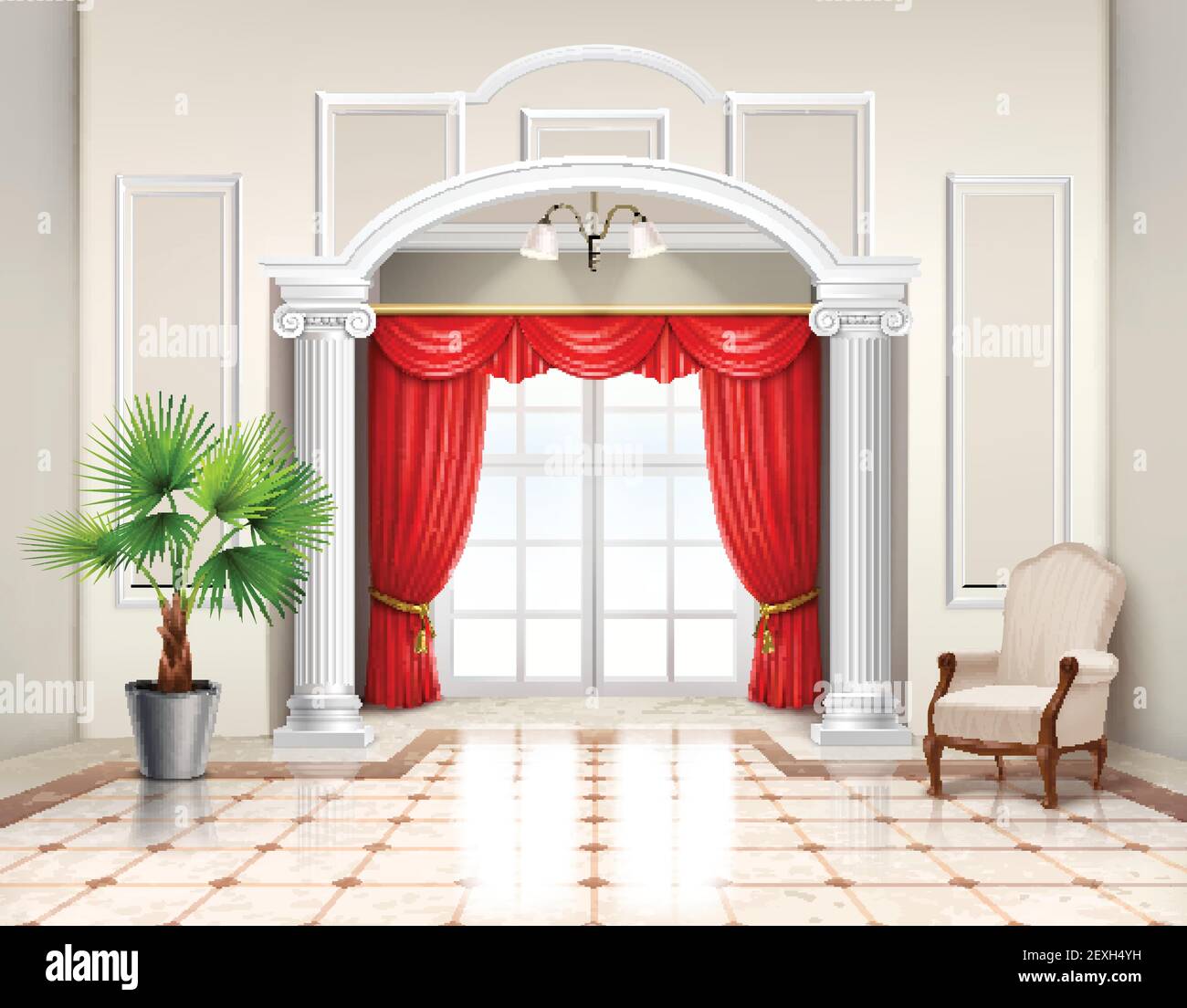 Realistisches Interieur-Design im klassischen Stil mit hellenistischen Säulen französisch Fenster und Luxus rote Vorhänge Vektor-Illustration Stock Vektor