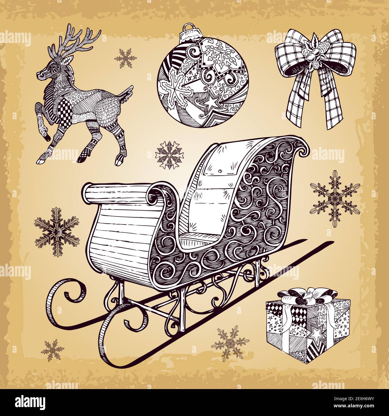 Handgezeichnete Weihnachtsschlittendeko-Kritzeleien Stockfoto