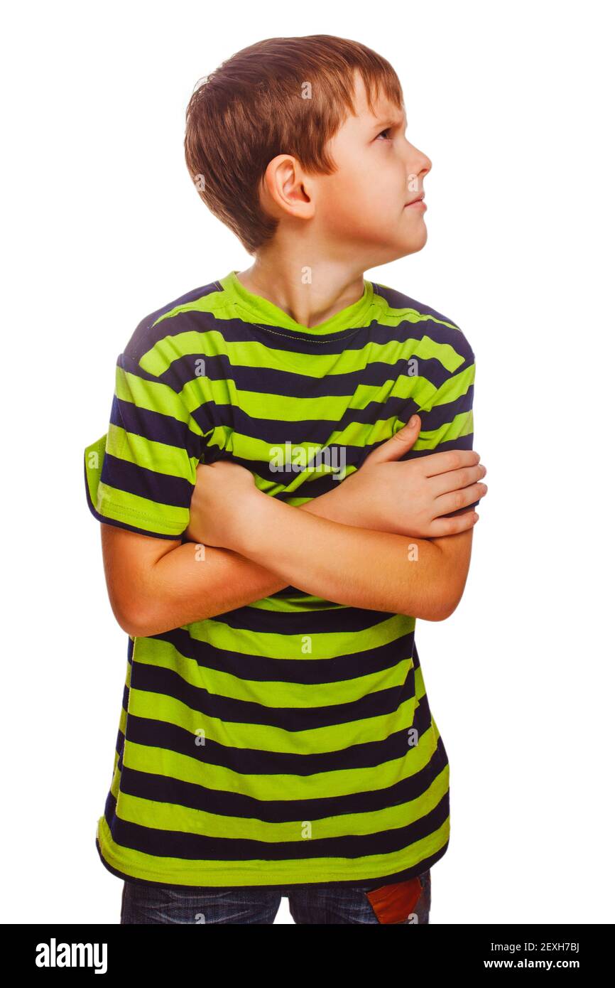 Trauriges Kind verärgert Junge Blick auf die Seite in Ein grünes T-sh Stockfoto