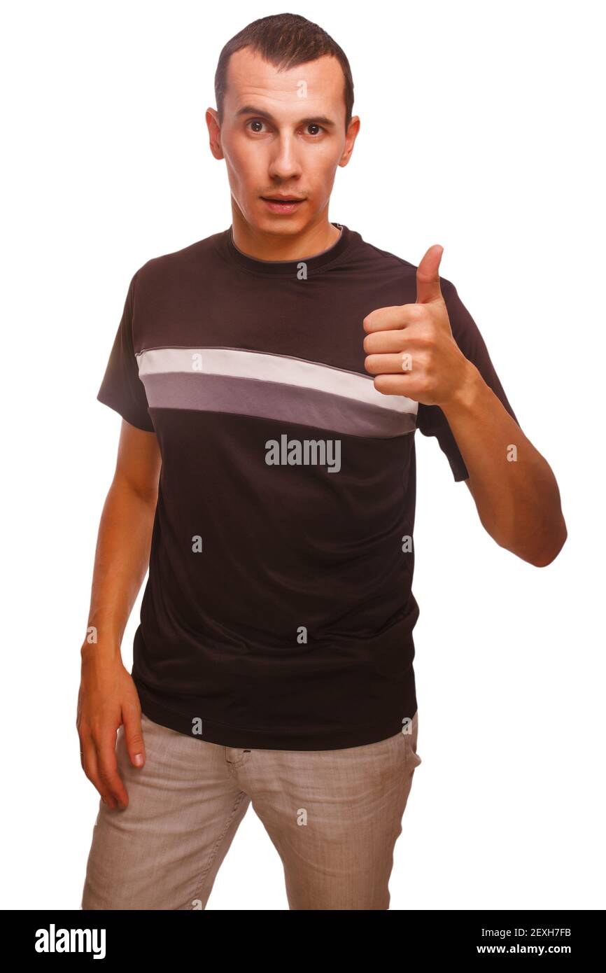 Männlich Erwachsene Brünette Mann zeigt Zeichen Geste mit beiden Händen Das ist auch so Stockfoto