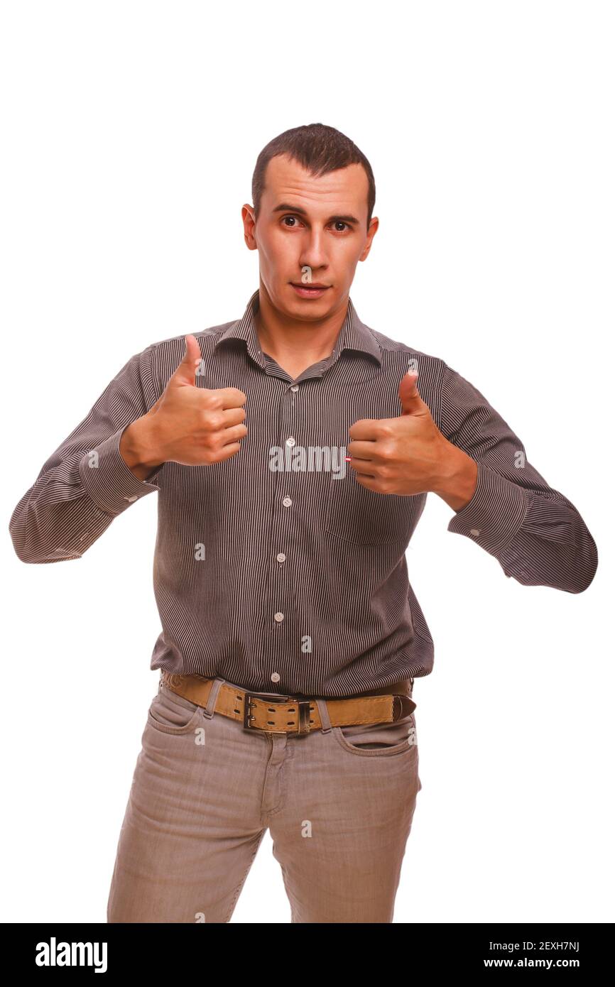 Männlich Erwachsene Brünette Mann zeigt Zeichen Geste mit beiden Händen Das ist auch so Stockfoto
