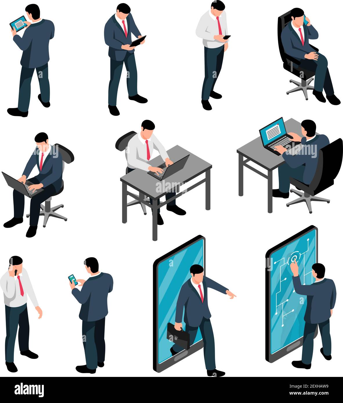 Männer mit Gerät isometrischen Satz von männlichen Zeichen halten Smartphones SMS-Nachrichten sprechen und arbeiten mit Laptop isoliert Vektor-Illustration Stock Vektor