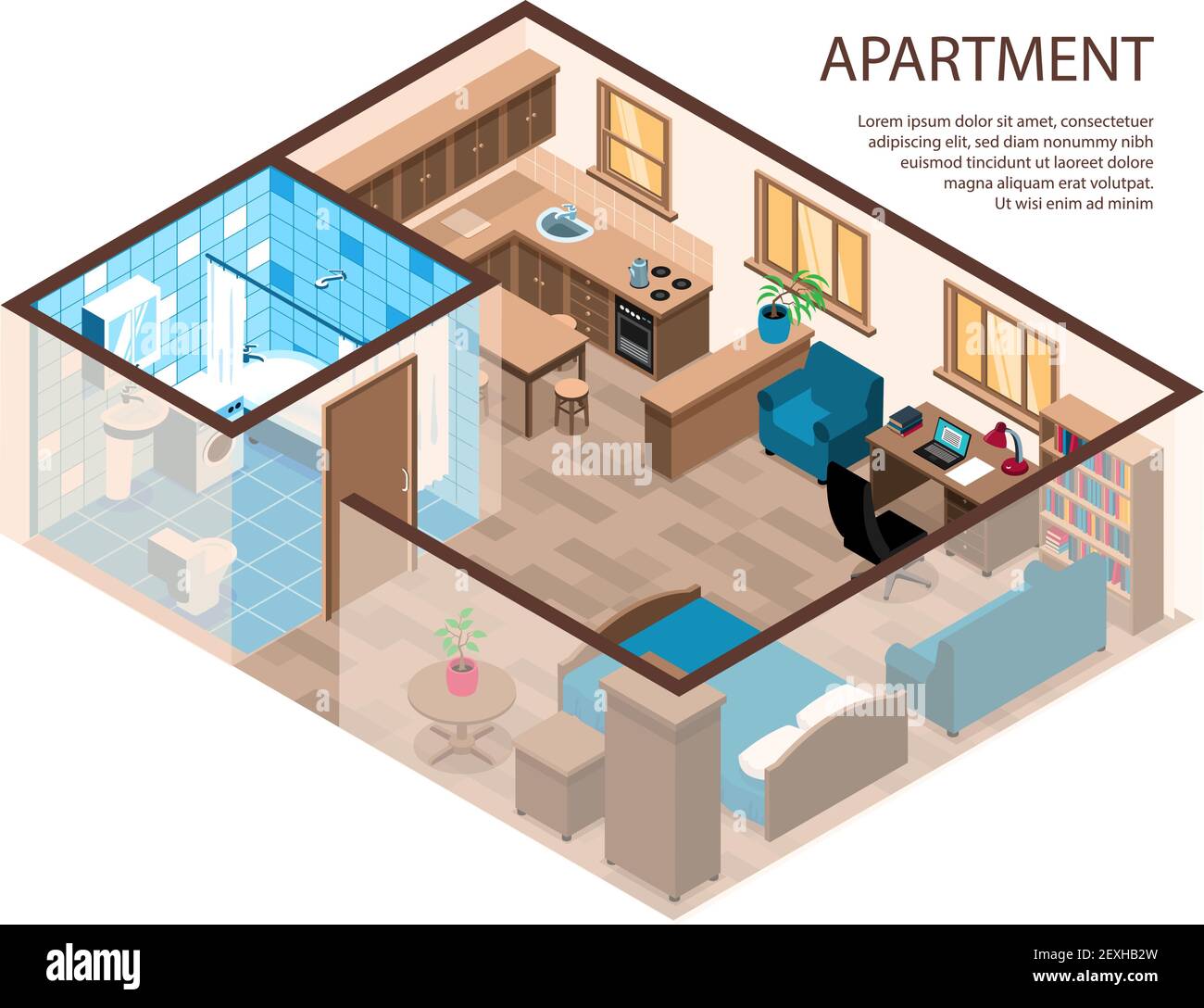 Ein-Zimmer-Wohnung effizientes Design isometrische Zusammensetzung mit Bettecke Studie Bereich Möbel Küche Bad Vektor Illustration Stock Vektor