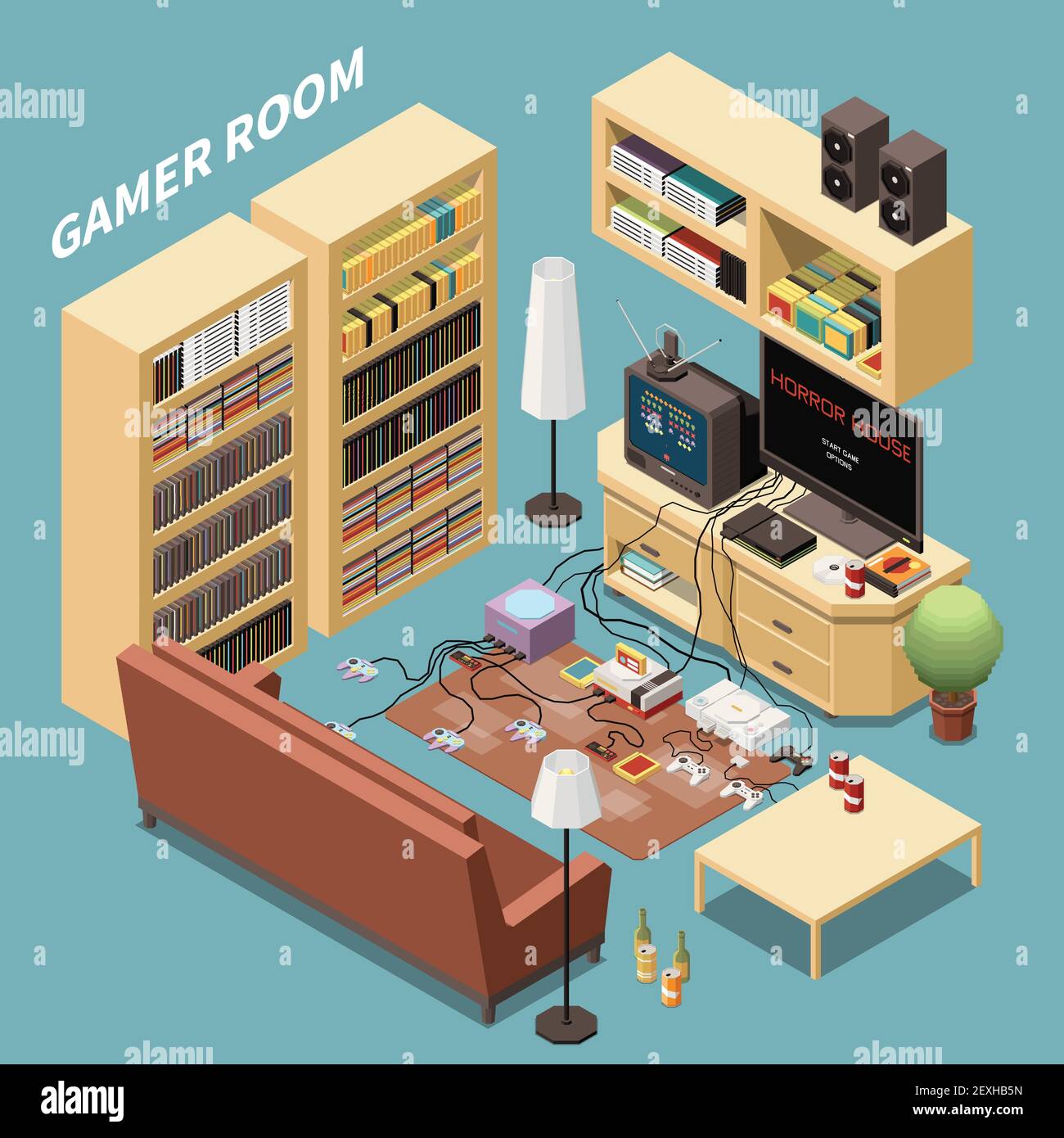 Gaming-Spieler isometrische Zusammensetzung mit Innenansicht des Wohnzimmers Mit Möbelschrank Racks und Konsolen Vektor-Illustration Stock Vektor