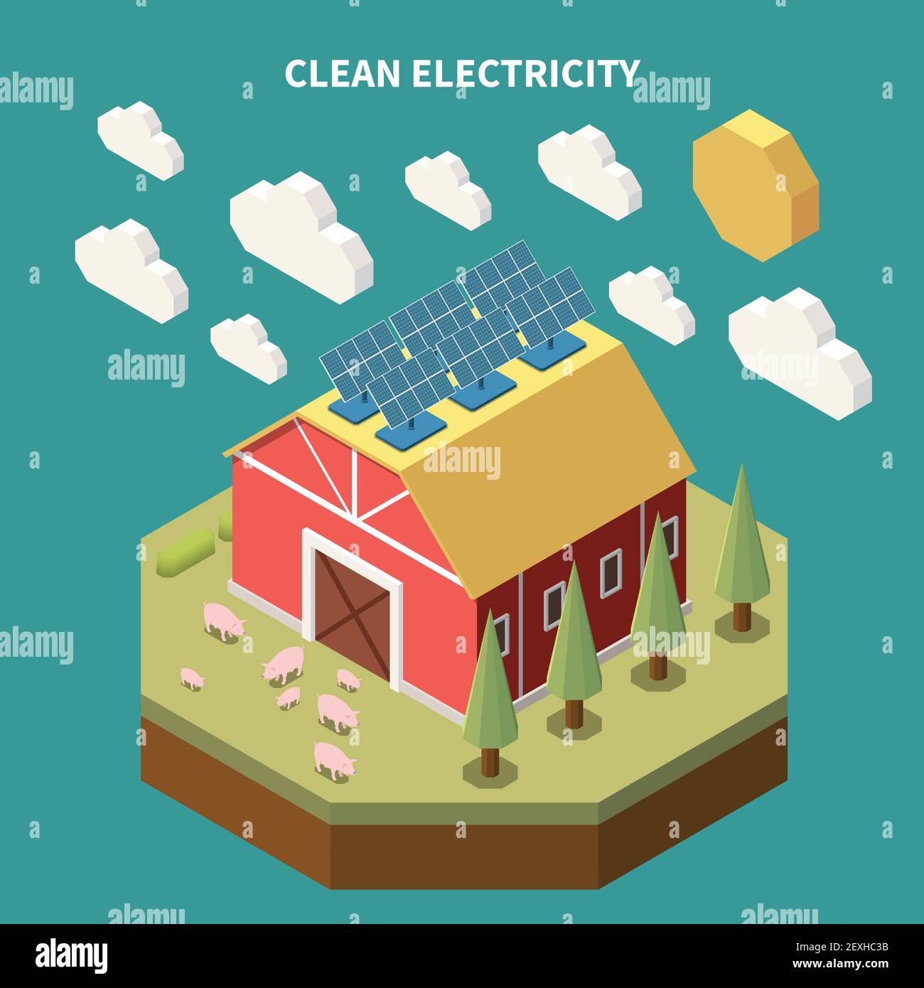 Strom isometrische Zusammensetzung mit Blick auf Bauernhof Scheune Gebäude mit Solar-Batterie-Panels auf Dach Vektor-Illustration installiert Stock Vektor