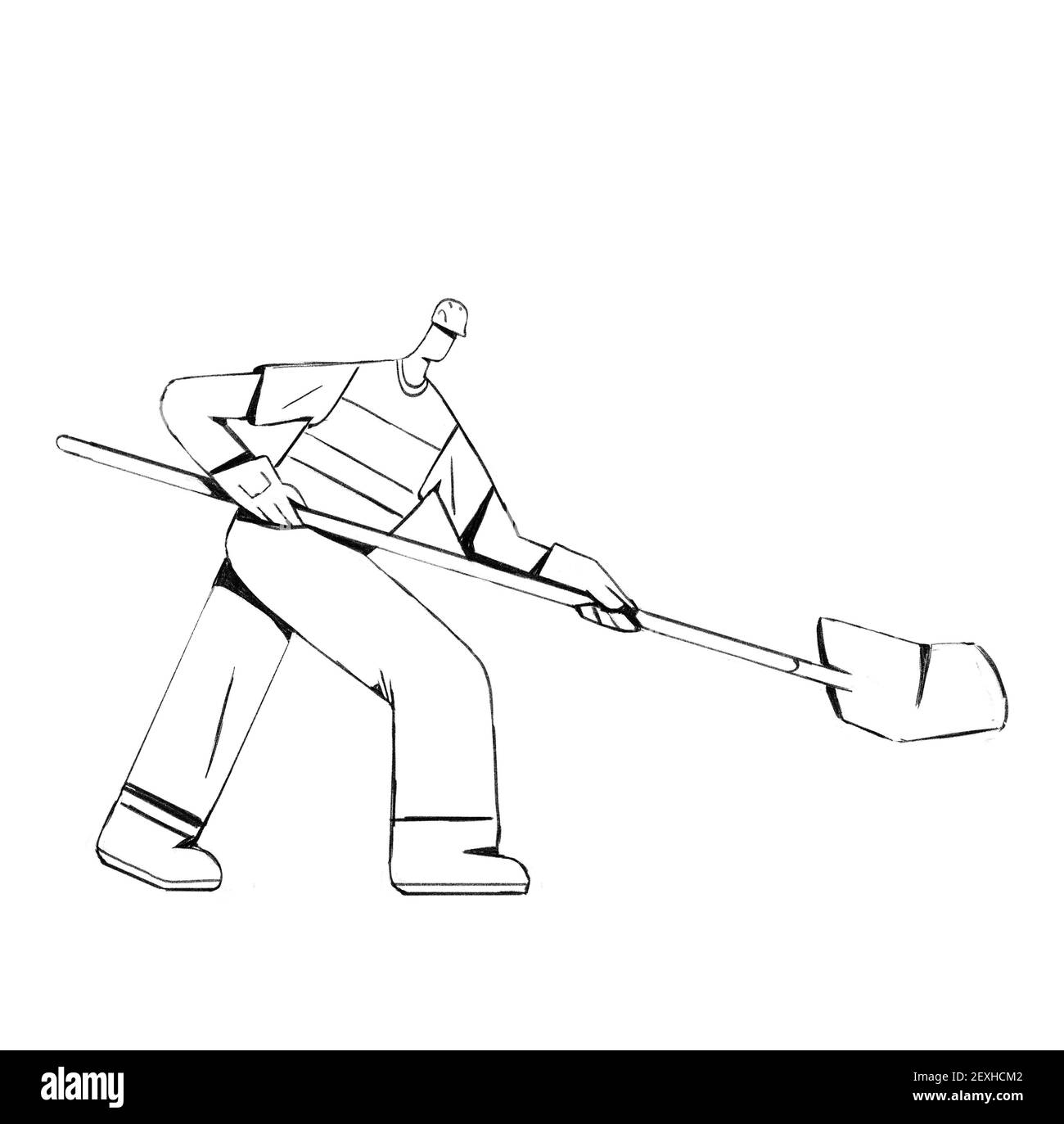 Skizzenbauer mit Schaufel graben die Baustelle. Clip Art Illustration für die Bauindustrie. Design isoliert auf Weiß. Stockfoto