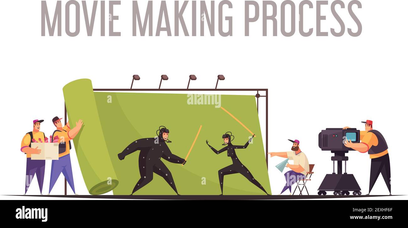 Film machen Prozess flach Cartoon Komposition mit Regisseur und Kamera-Operator schießen Kampfschauspieler Vektor-Illustration Stock Vektor