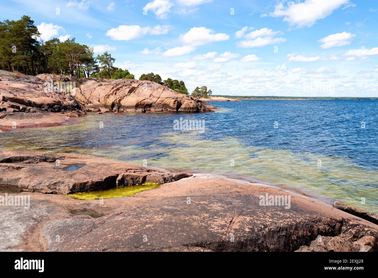 Felsenküste in Schweden Stockfoto