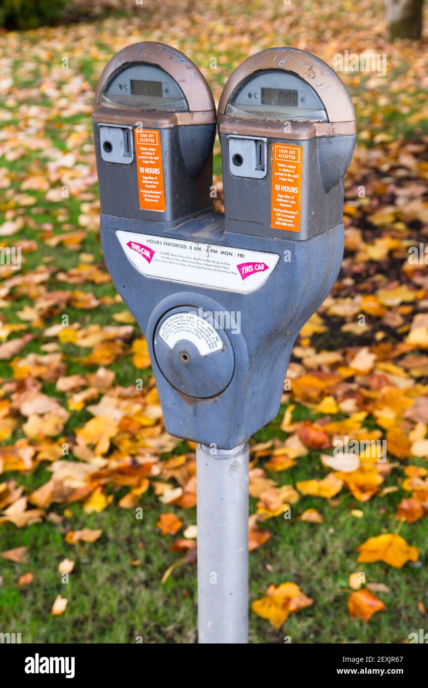 Dual Parkplatz Meter Braucht Zahlung Münze Slot Herbst Innenstadt Stockfoto