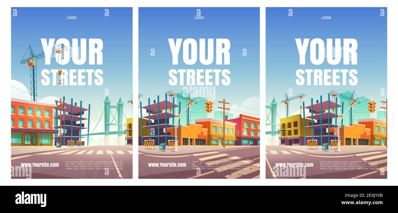 Ihre Straßen-Cartoon-Plakate mit Gebäuden im Bau, Website, Kran, leere Stadtstraße und Einzäunung Verkehrsbarrieren. Ingenieurarbeiten, Stadtrenovierung Architekturprojekt, Vektor-Illustration Stock Vektor