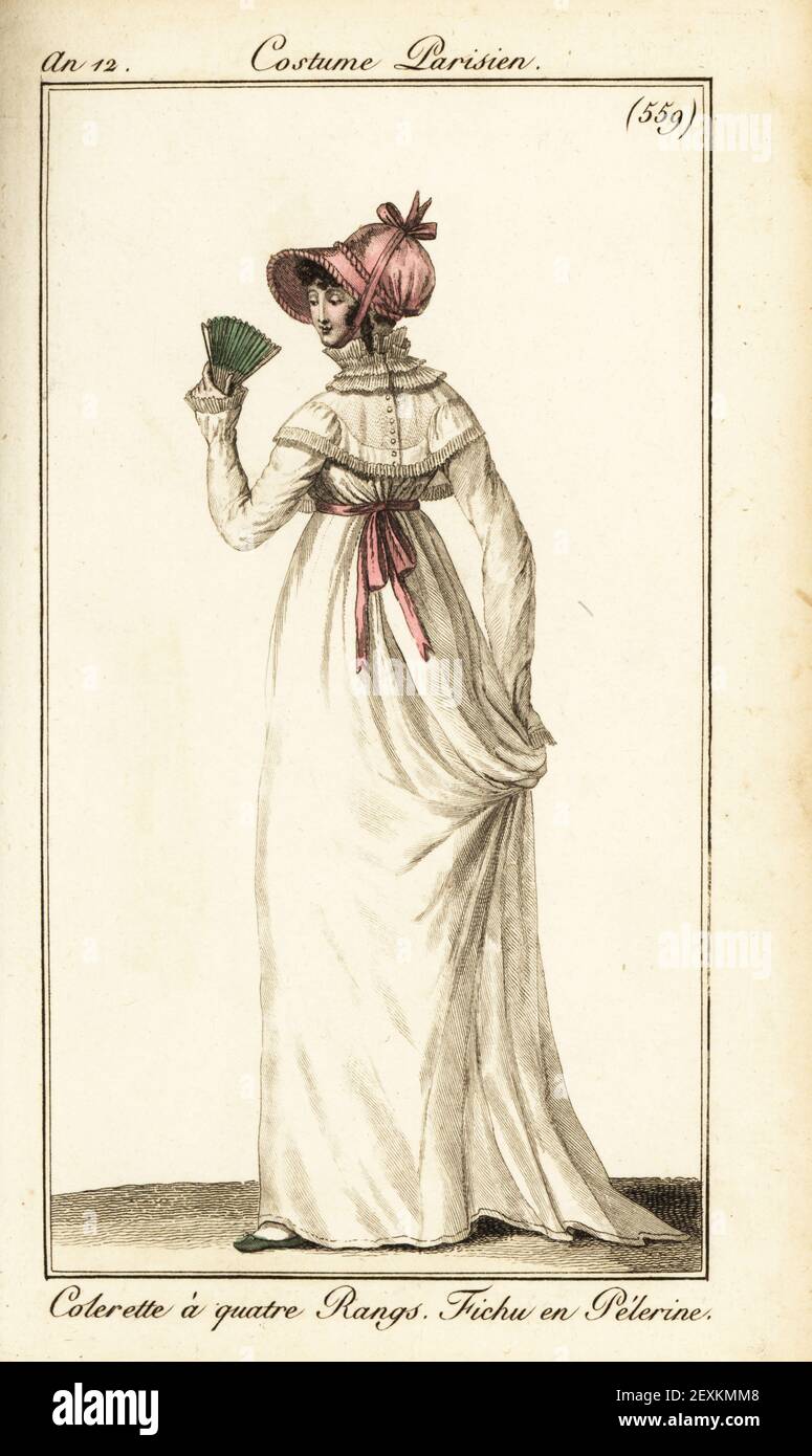 Frau in rosa Haube, Kragen mit vier Rüschen, geknöpftes Taschentuch Kapelette, weißes Musselin Kleid, Band Gürtel, Paris, 1804. Colerette a quatre rangs, fichu en Pelerine. Handkolorierter Kupferstich aus Pierre de la Mesangeres Journal des Dames et des Modes, Magazine of Women and Fashion, Paris, an 12, Juni 1804. Illustrationen von Carle Vernet, Jean-Francois Bosio, Dominique Bosio und Philibert Louis Debucourt, gestochen von Pierre-Charles Baquoy. Stockfoto