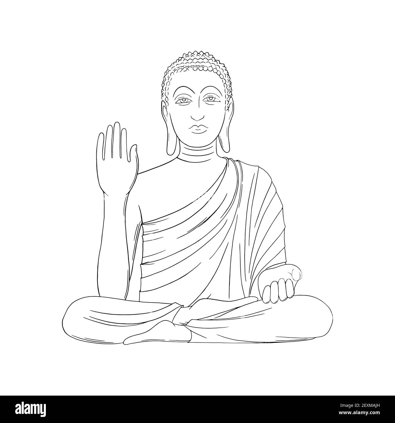 Buddha isoliert in weißem Hintergrund. Buddha-Statue mit einer Hand nach oben. Vektordarstellung Stock Vektor