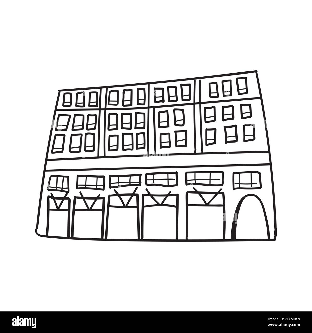 Doodle handgezeichnete Skizze des modernen hohen Gebäudes mit Fenstern. Schwarzer Umriss. Vektorgrafik isoliert auf weißem Hintergrund Stock Vektor