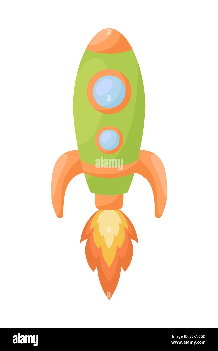 Nette grüne Rakete mit Feuer auf weißem Hintergrund. Cartoon Transport für Kinder Karten, Baby-Dusche, Geburtstagseinladung, Haus Interieur. Helle Lch Stock Vektor