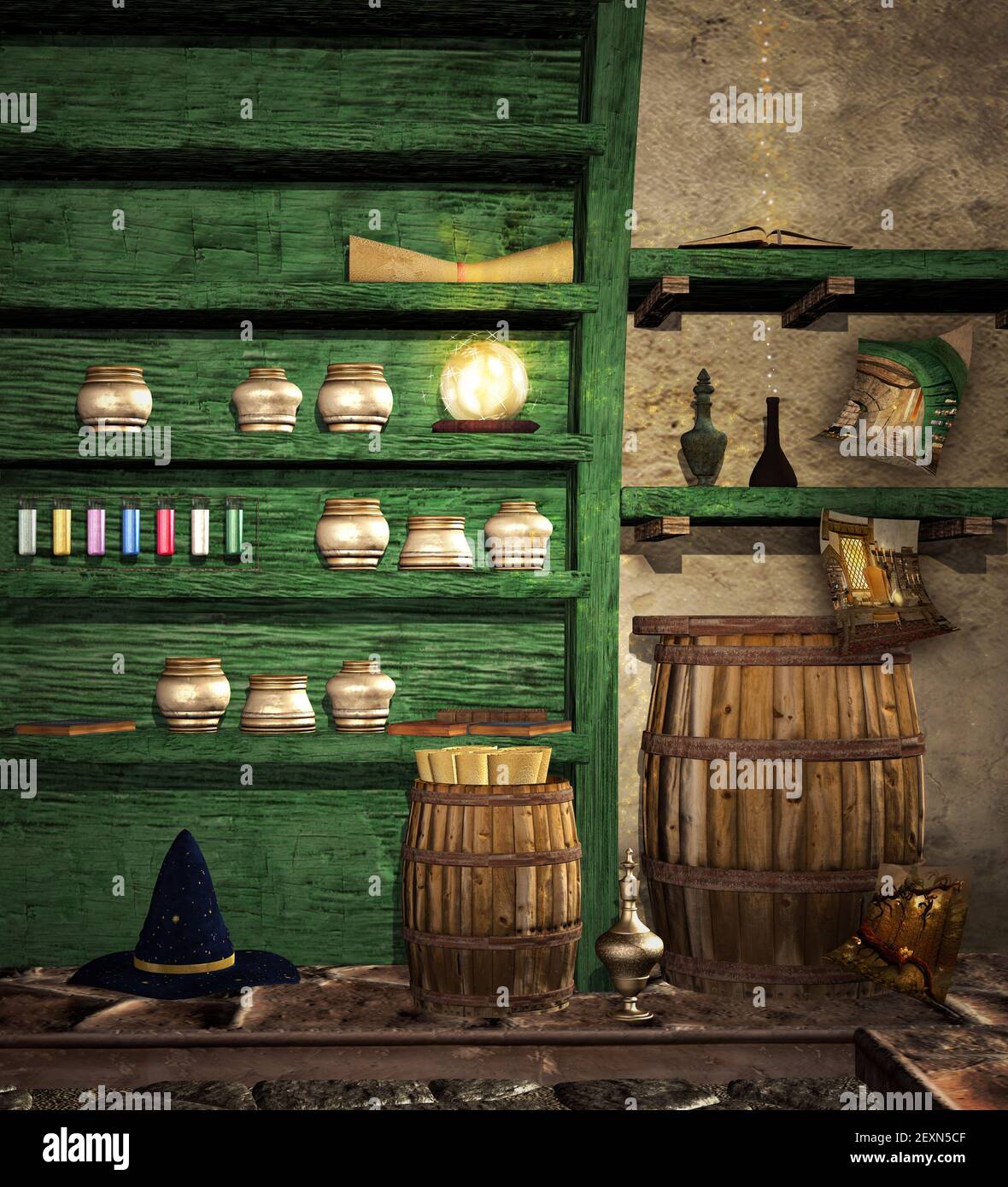 Magische Zauberer Ecke in einer alten Hütte Stockfoto