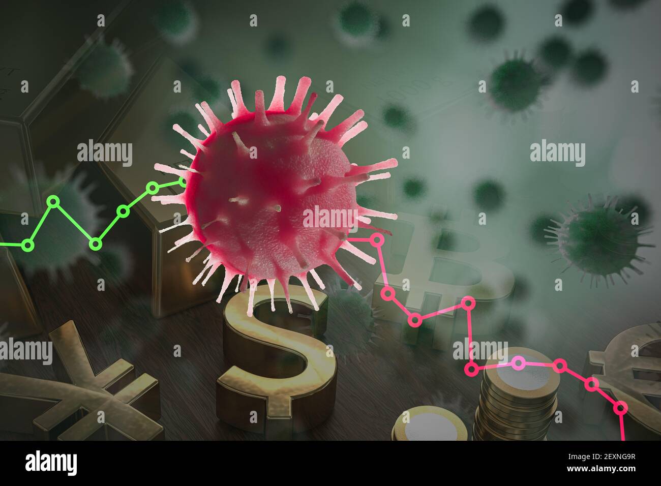 Wirtschaftliche Auswirkungen des Virus auf die Weltwirtschaft. Rezessionskonzept und Finanzkrisenkonzept. 3D-gerenderte Abbildung. Stockfoto