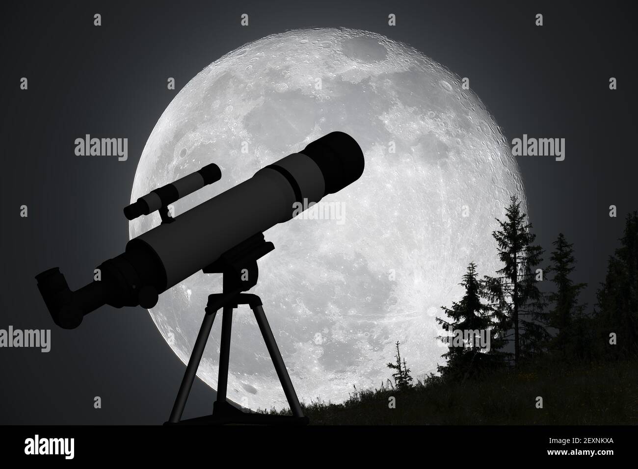 Silhouette von Teleskop und Großmond im Hintergrund. Astronomie und Erforschung des Universums Konzept. Stockfoto