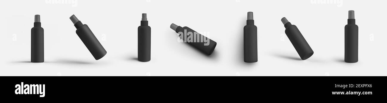 Mockup von schwarzen Plastikflasche mit Zerstäuber, transparente Kappe, leere Glas mit Spender für Design-Präsentation. Satz von Verpackungsvorlagen mit Pumpe Stockfoto