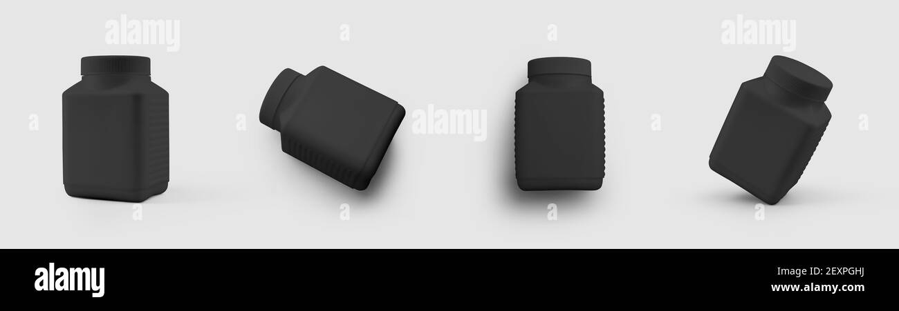 Ein Satz von Mockups aus einem Kunststoff quadratischen Glas mit einem Deckel für Vitamine, Tabletten, isoliert auf dem Hintergrund. Container Vorlage für Design-Präsentation, adverti Stockfoto