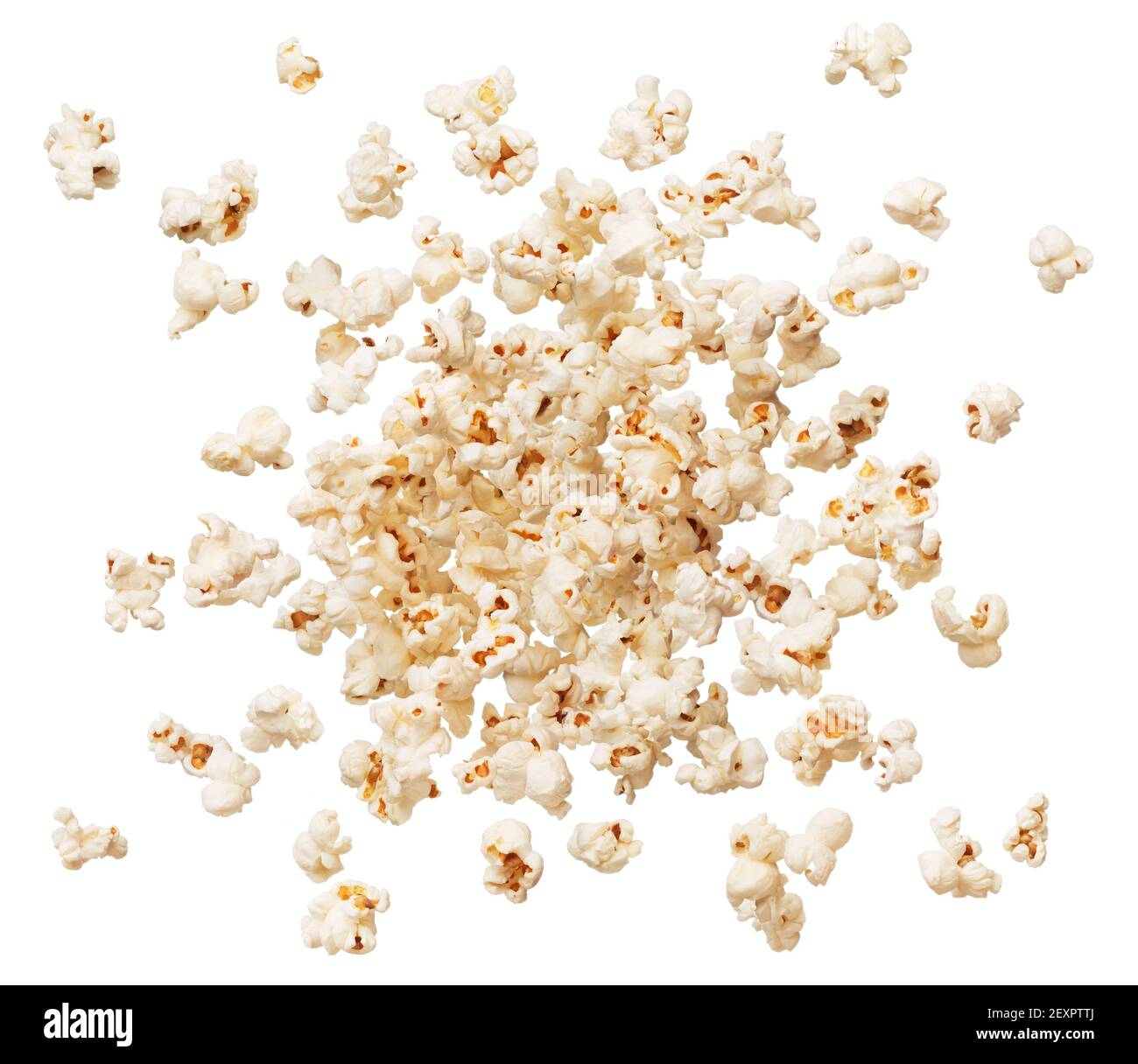Popcorn explodiert oder spritzt vor weißem Hintergrund Stockfoto